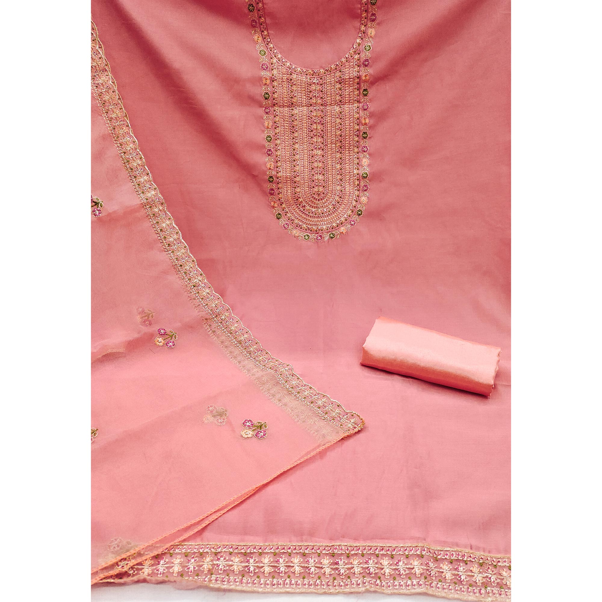 Peach Floral Embroidered Roman Cotton Silk Dress Material