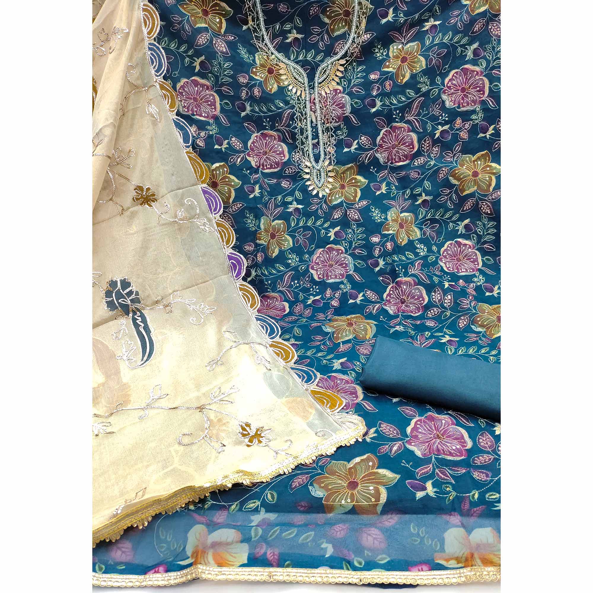 Blue Sequins Embroidery With Handwork Organza Dress Material