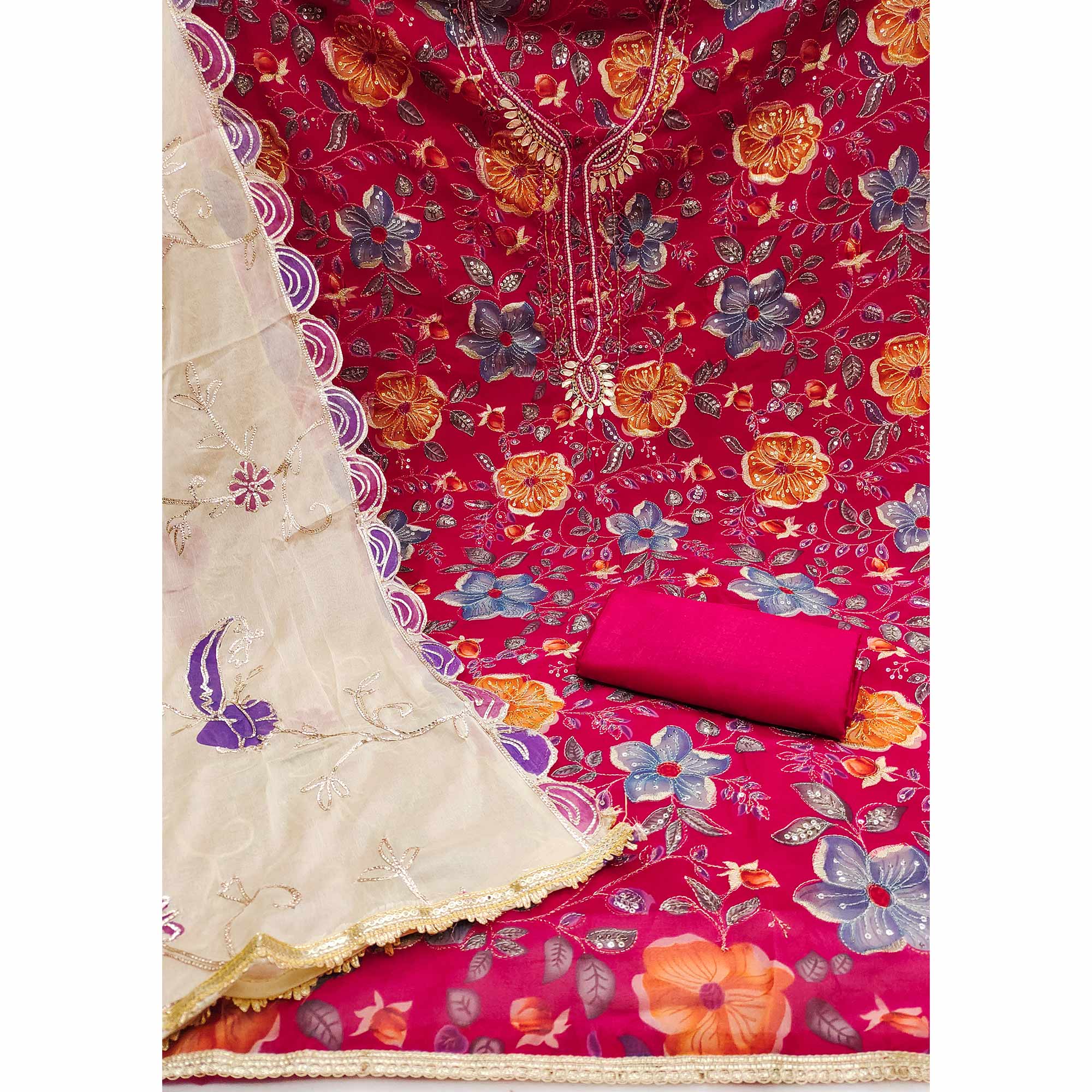 Pink Sequins Embroidery With Handwork Organza Dress Material