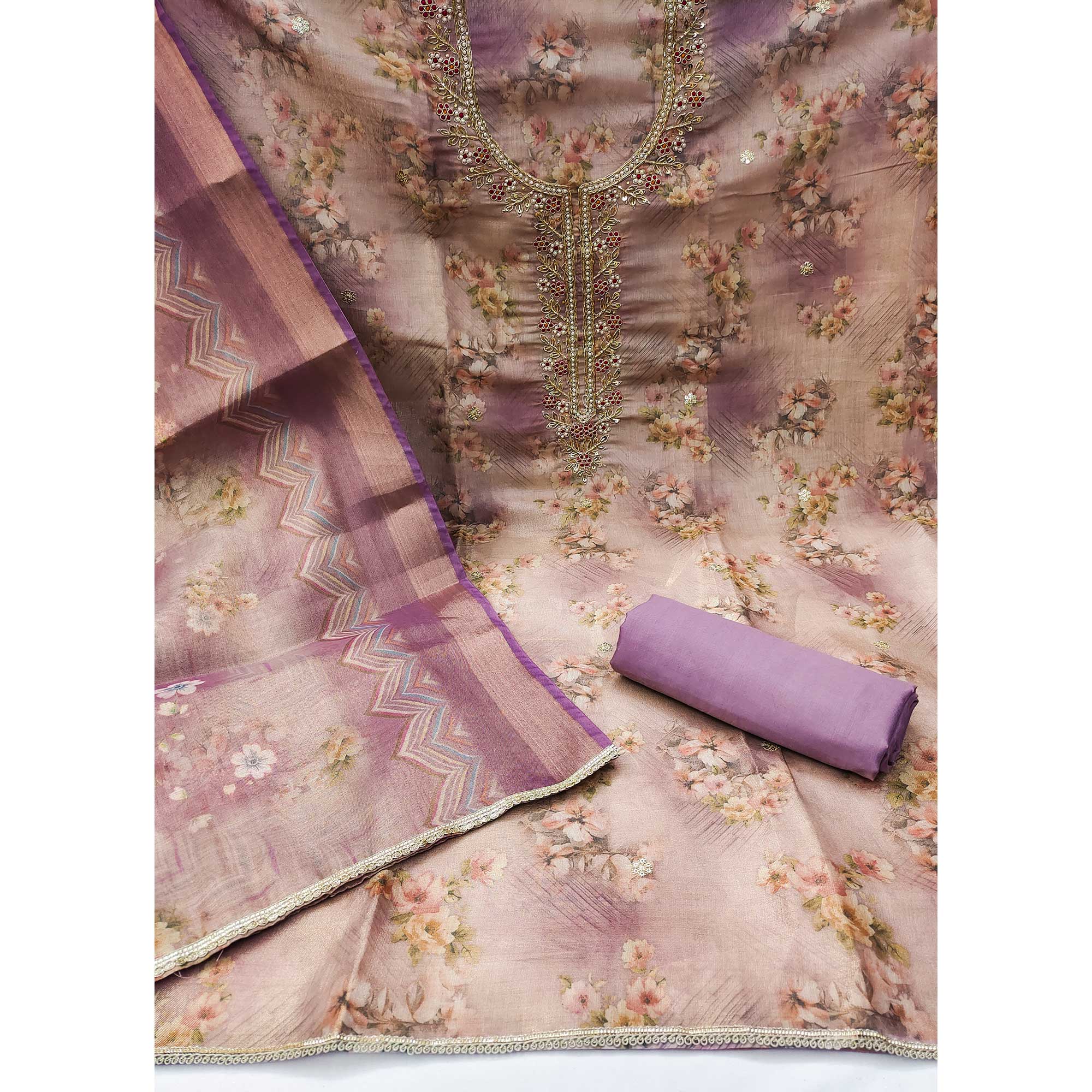 Purple Floral Digital Printed With Handwork Viscose Dress Material