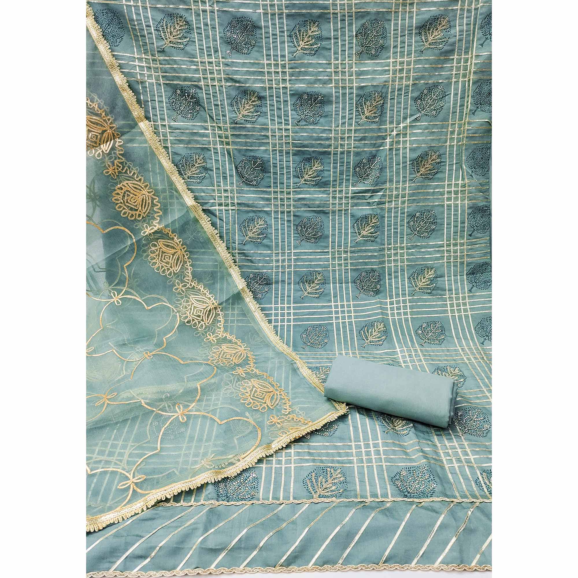 Blue Printed With Gota Patti & Stonework Roman Cotton Silk Dress Material