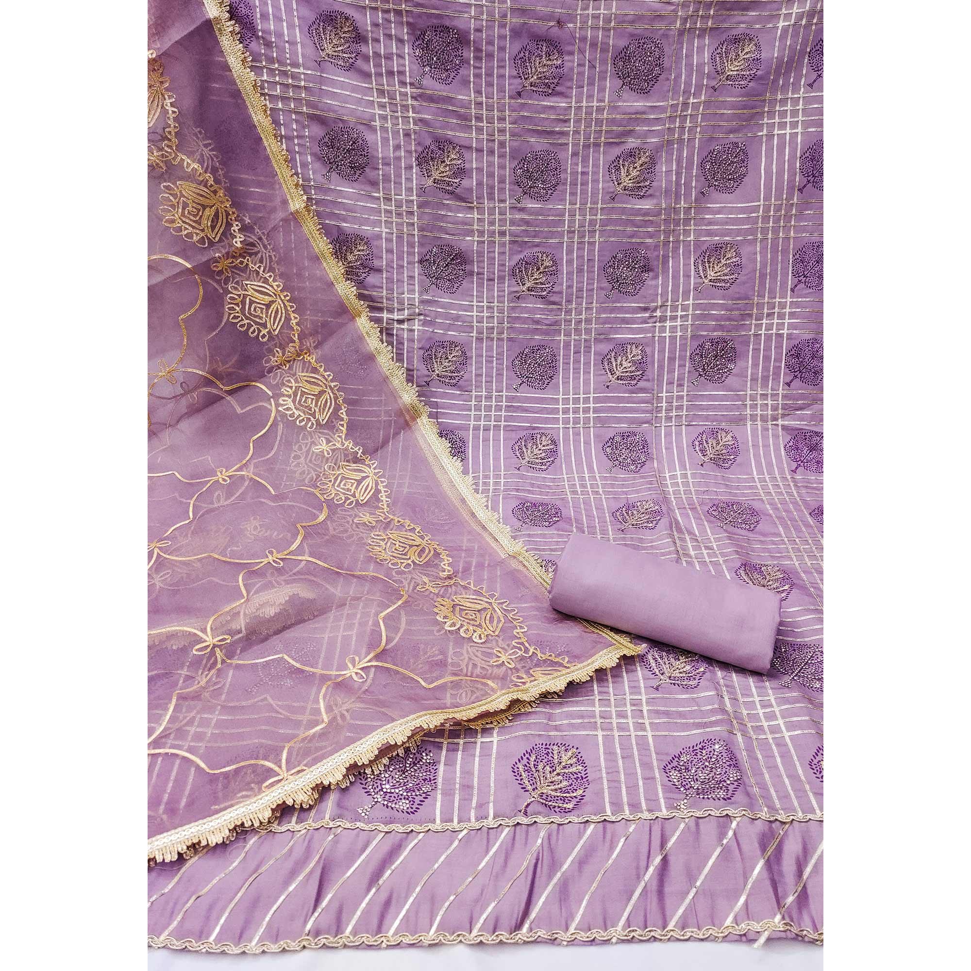 Lavender Printed With Gota Patti & Stonework Roman Cotton Silk Dress Material