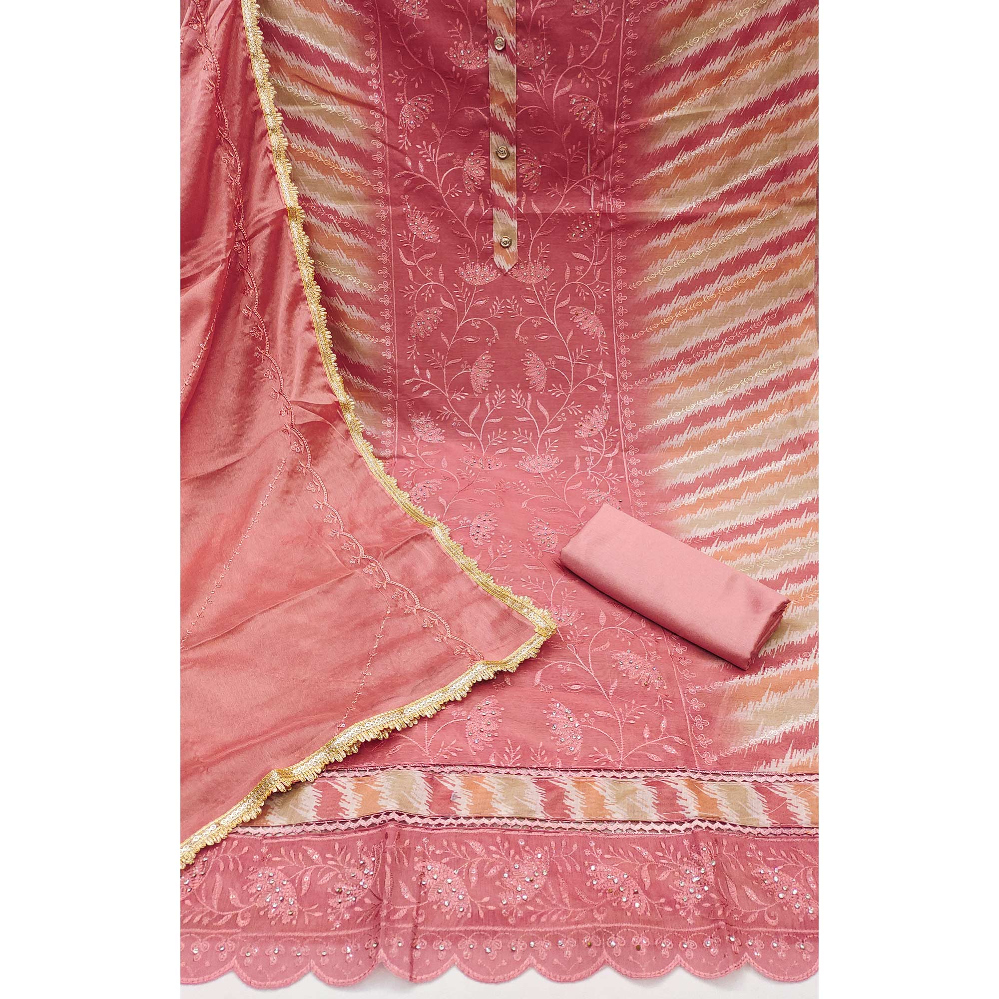 Peach Floral Embroidery With Digital Printed Chanderi Silk Dress Material