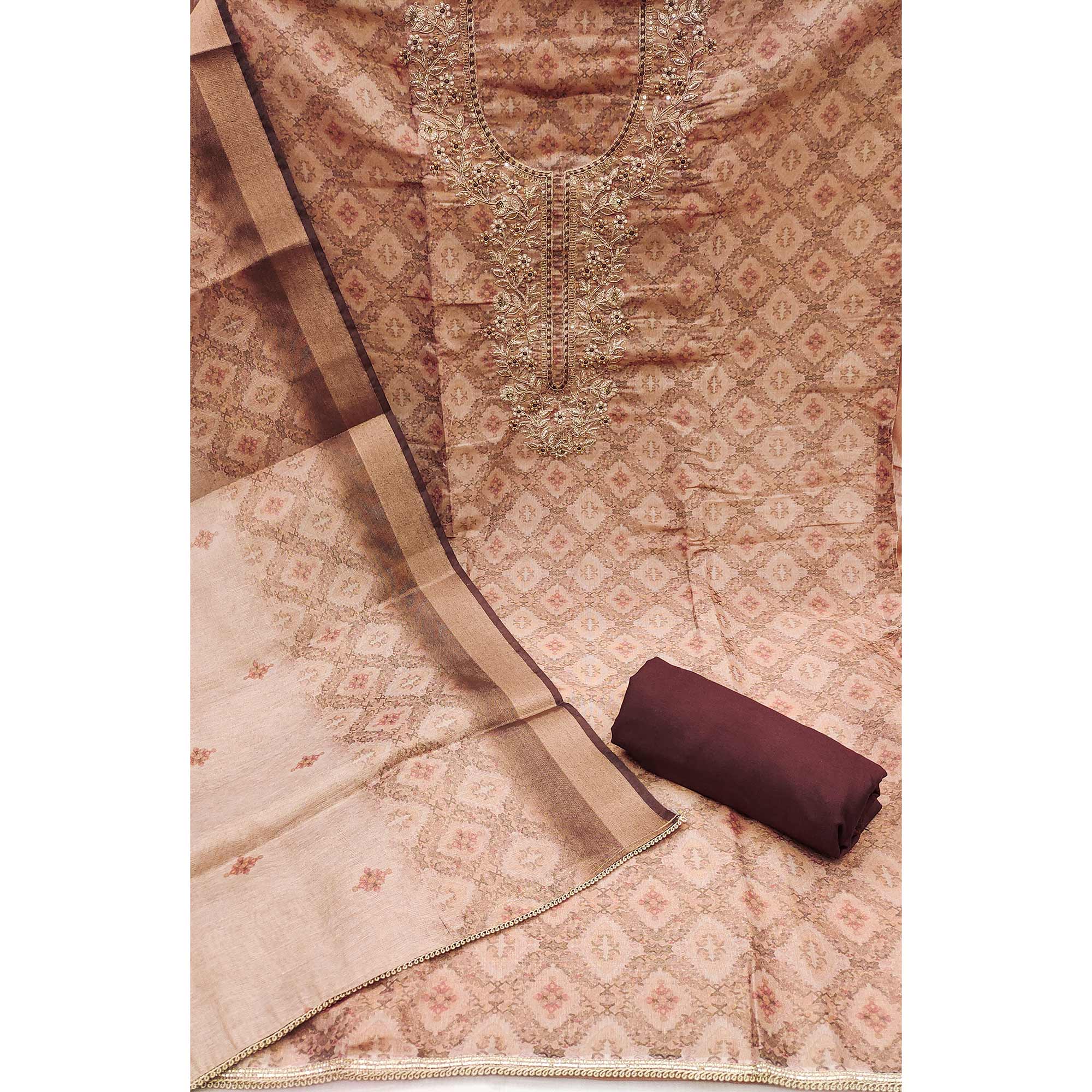 Light Peach Digital Printed With Hand Embroidered Cotton Silk Dress Material