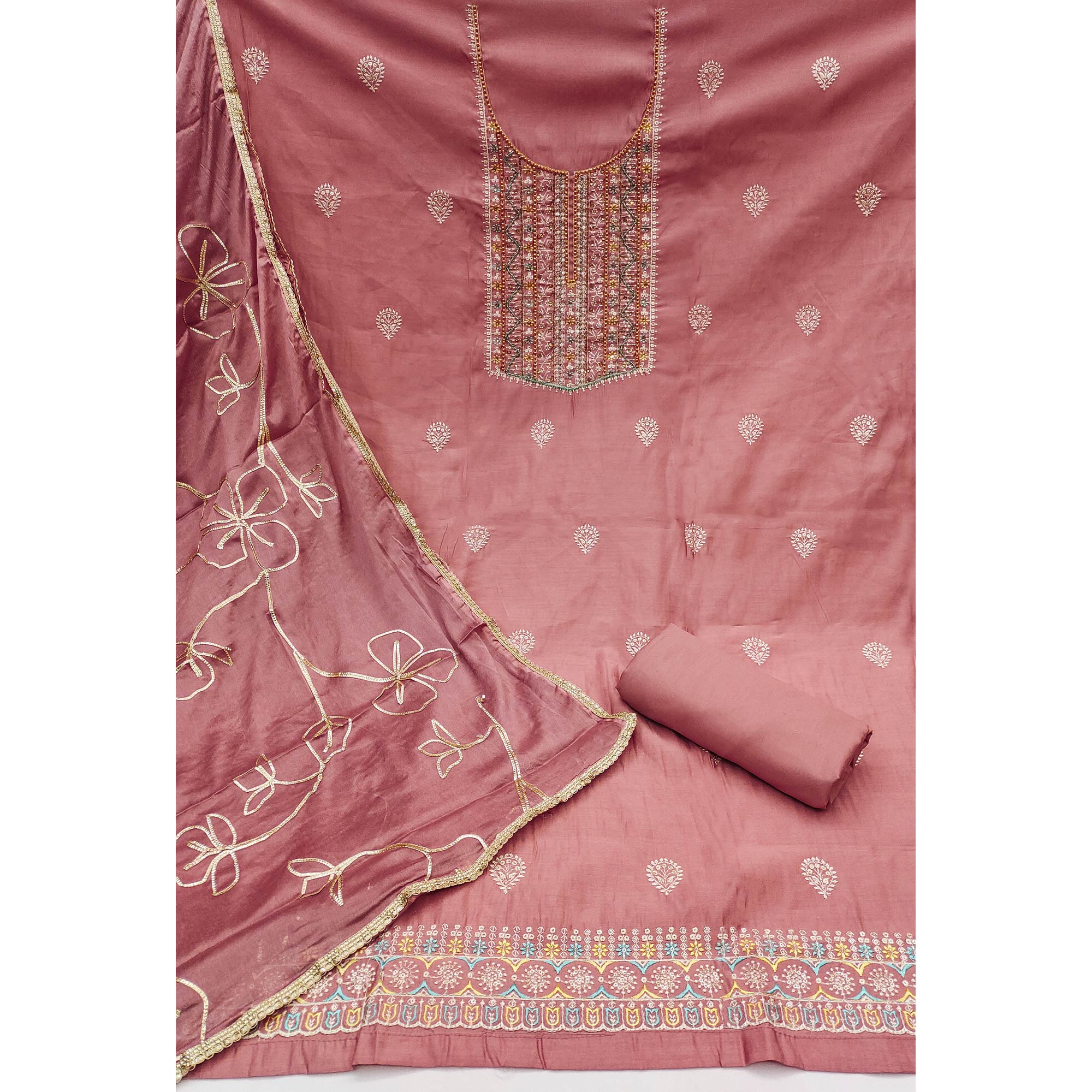 Peach Floral Sequins Embroidery With Handwork Cotton Silk Dress Material