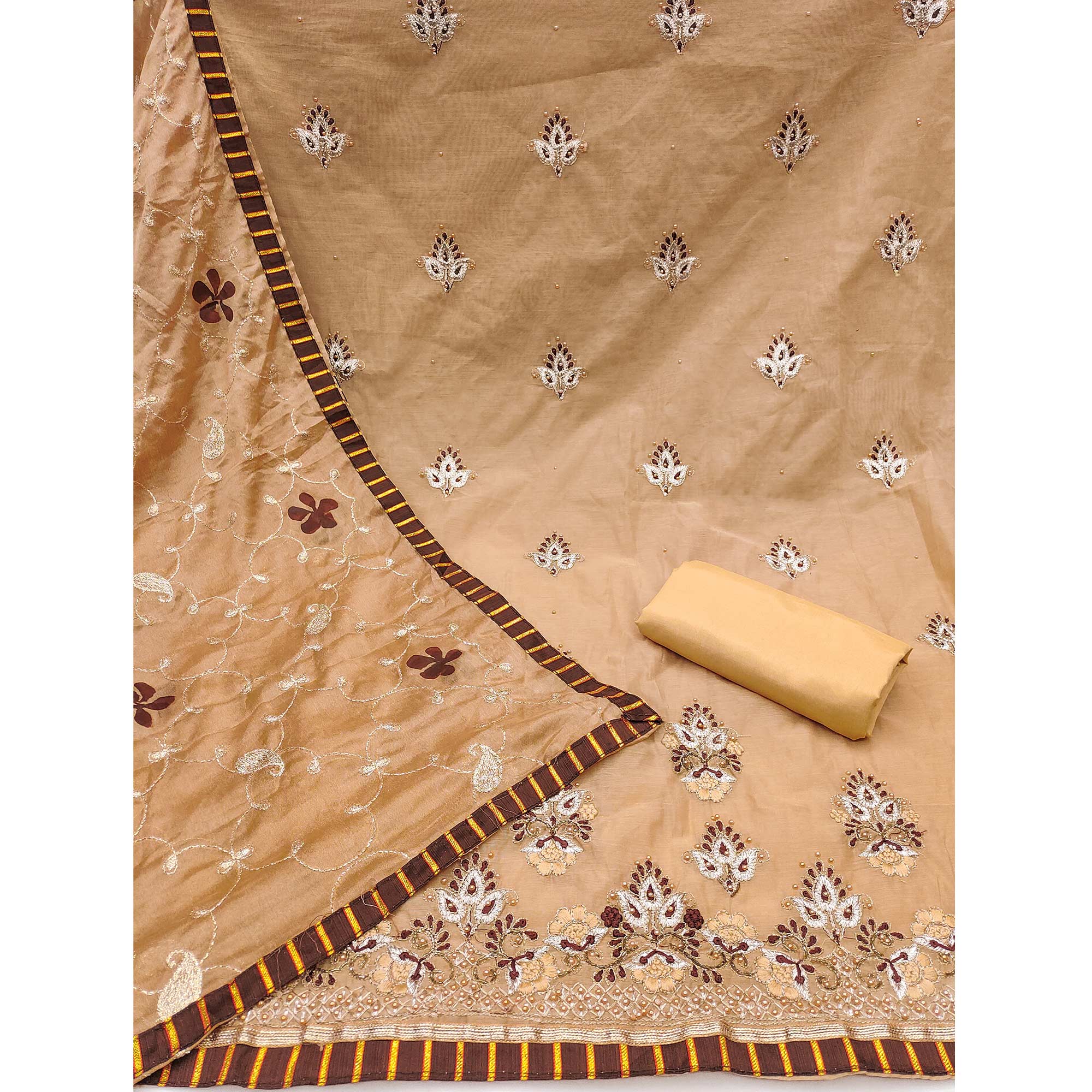 Chikoo Floral Embroidery With Moti Handwork Chanderi Silk Dress Material