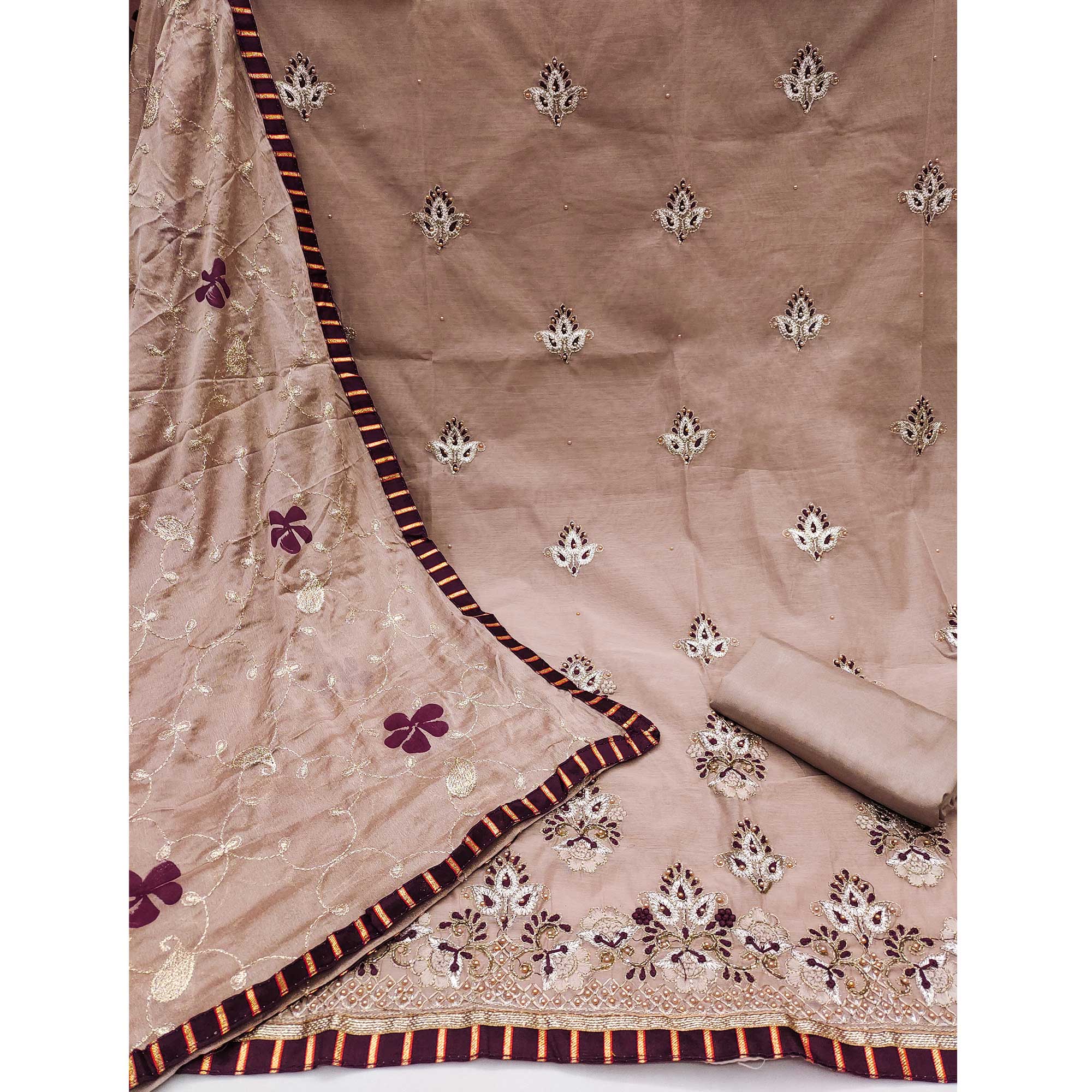 Light Brown Floral Embroidery With Moti Handwork Chanderi Silk Dress Material