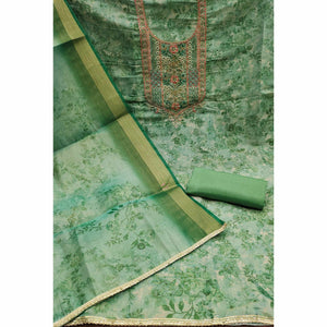 Green Floral Digital Printed With Moti Handwork Cotton Silk Dress Material