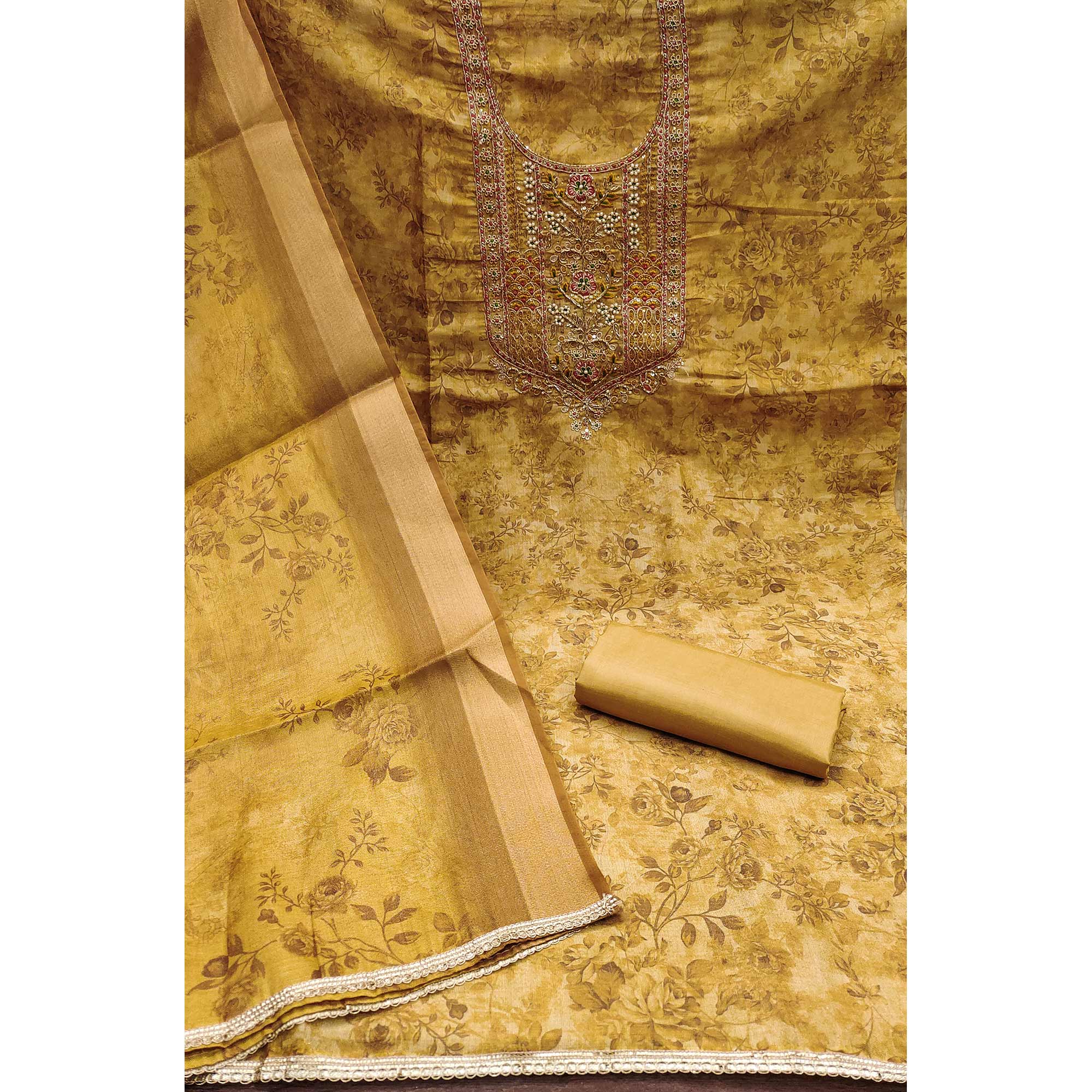 Mustard Floral Digital Printed With Moti Handwork Cotton Silk Dress Material