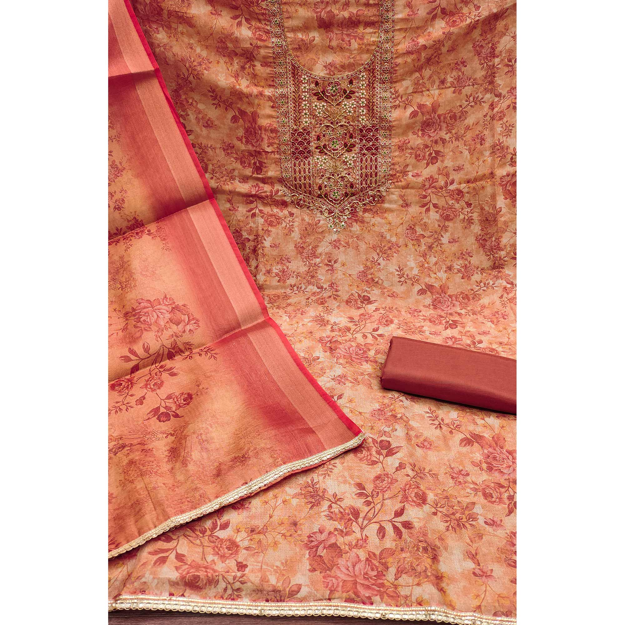 Rust Floral Digital Printed With Moti Handwork Cotton Silk Dress Material