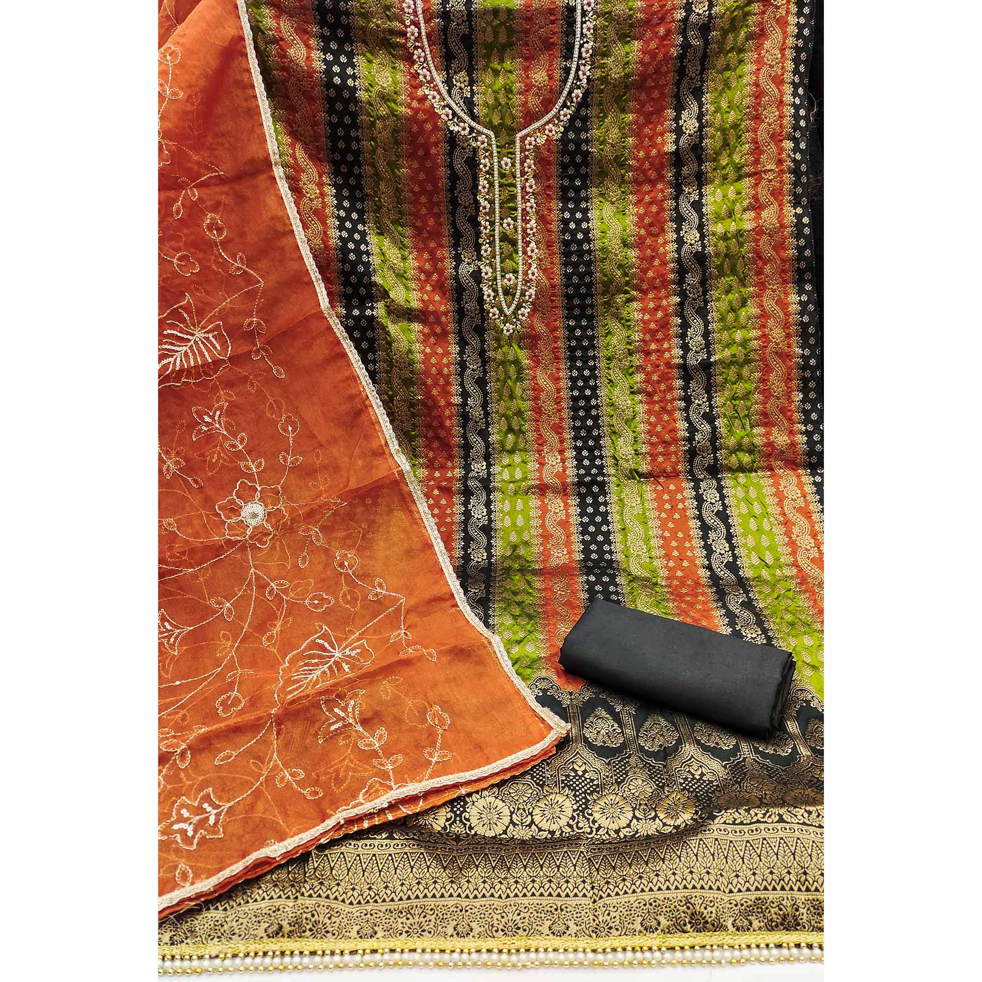 Black Banarasi Silk Jacquard Dress Material With Floral Woven Handwork Detailing