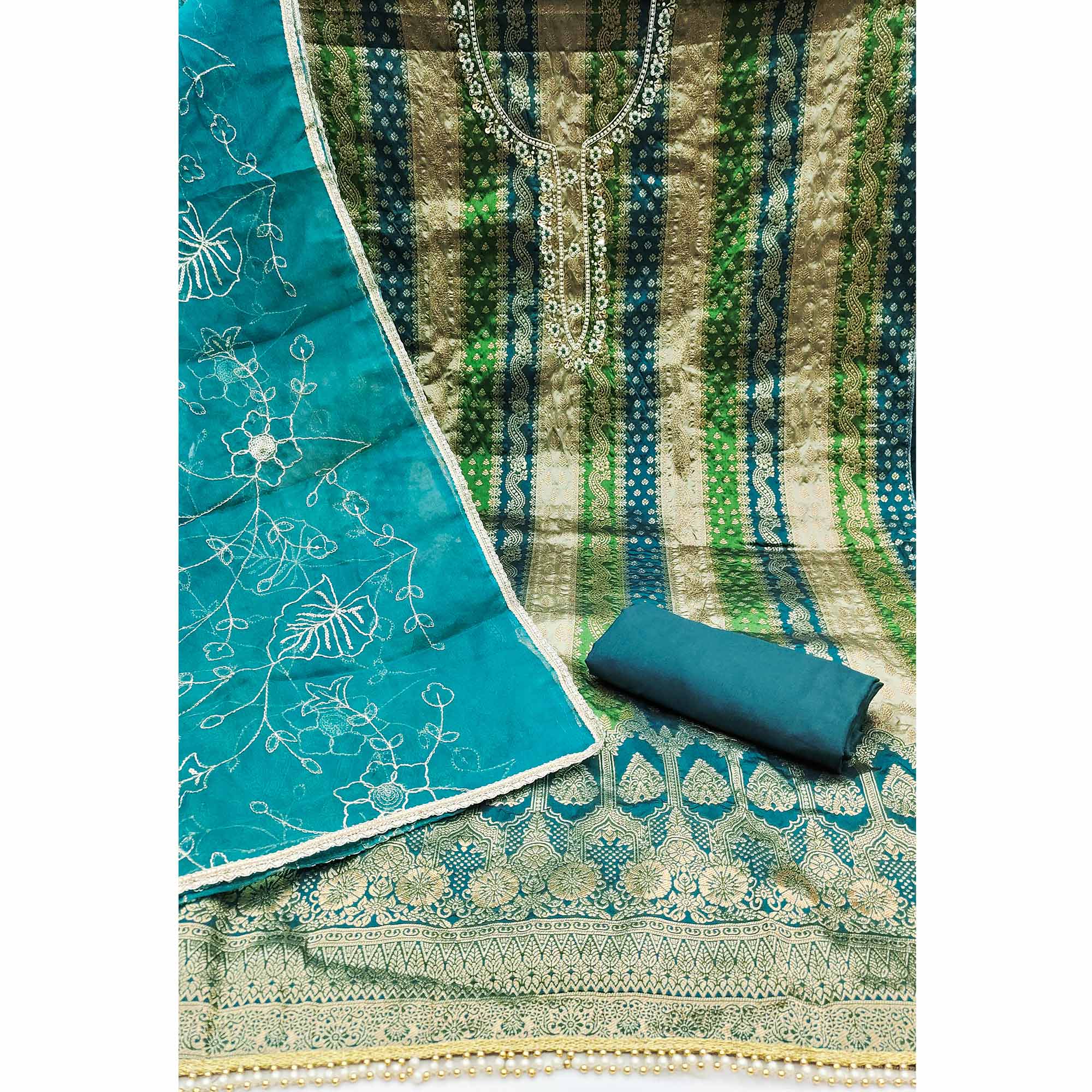 Teal Banarasi Silk Jacquard Dress Material With Floral Woven Handwork Detailing