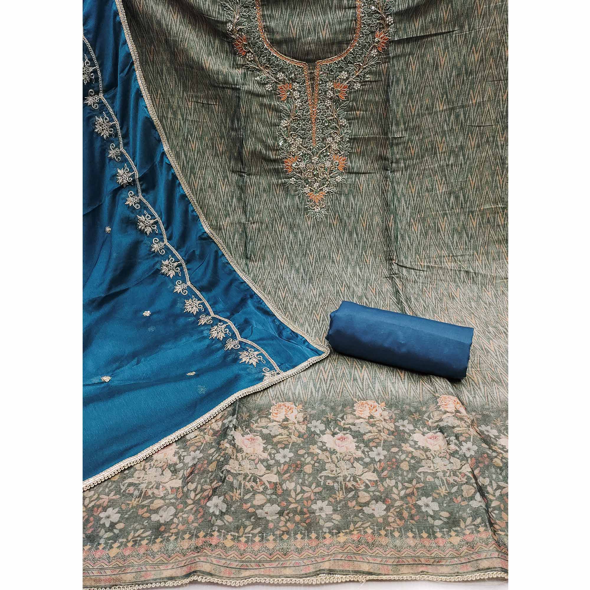 Festive Ready Teal Dress Material in Cotton Silk with Exquisite Hand Embroidery