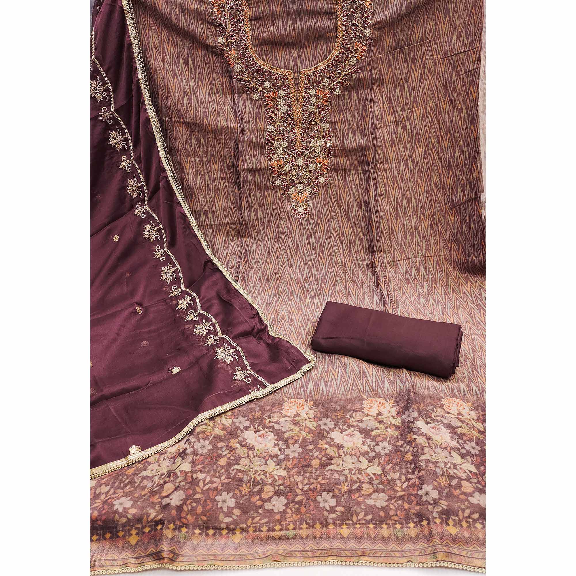 Festive Ready Wine Dress Material in Cotton Silk with Exquisite Hand Embroidery
