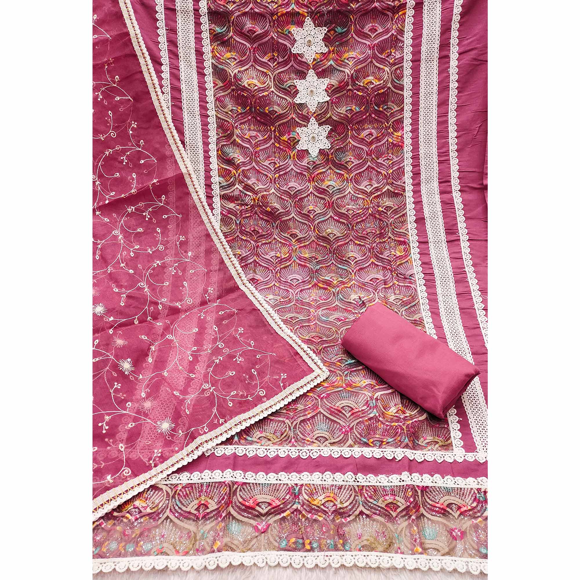 Festive Ready Pink Heavy Embroidered Dress Material in Roman Cotton Silk Fabric