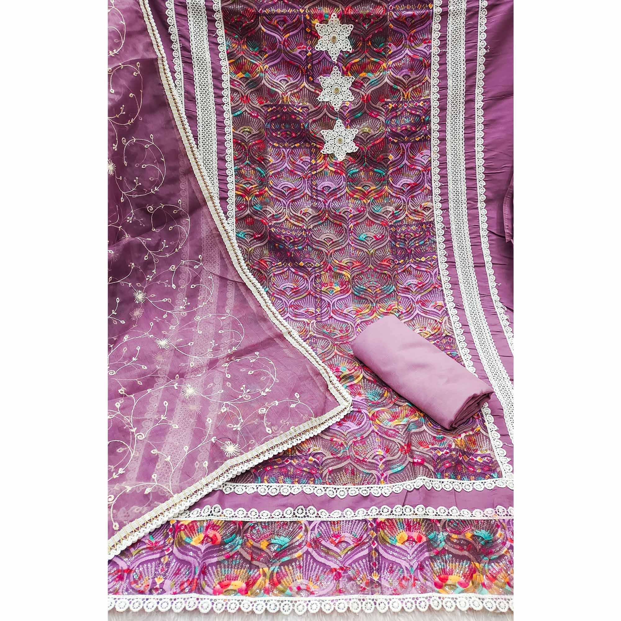 Festive Ready Purple Heavy Embroidered Dress Material in Roman Cotton Silk Fabric