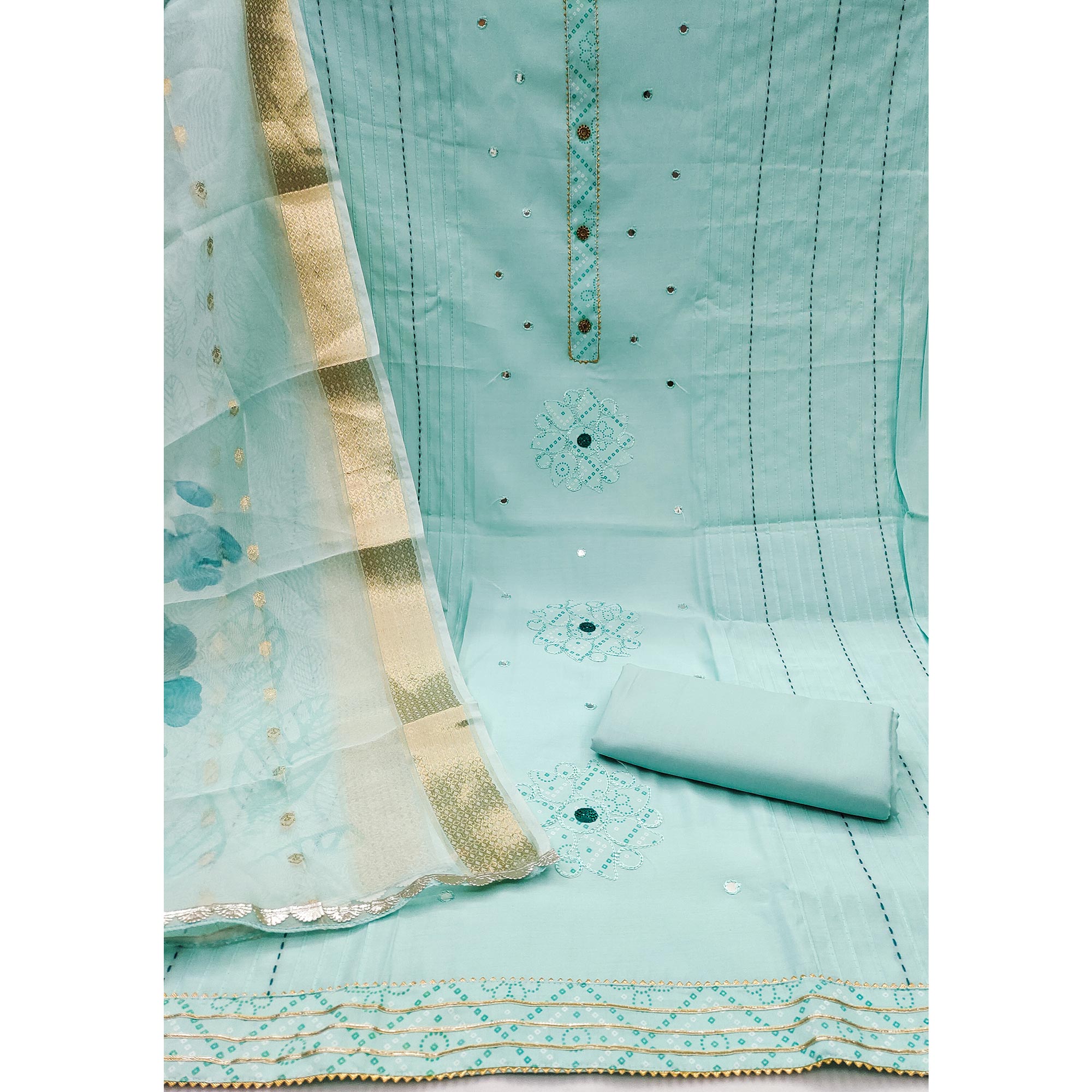 Turquoise Cotton Silk Dress Material With Intricate Thread Embroidery With Handwork