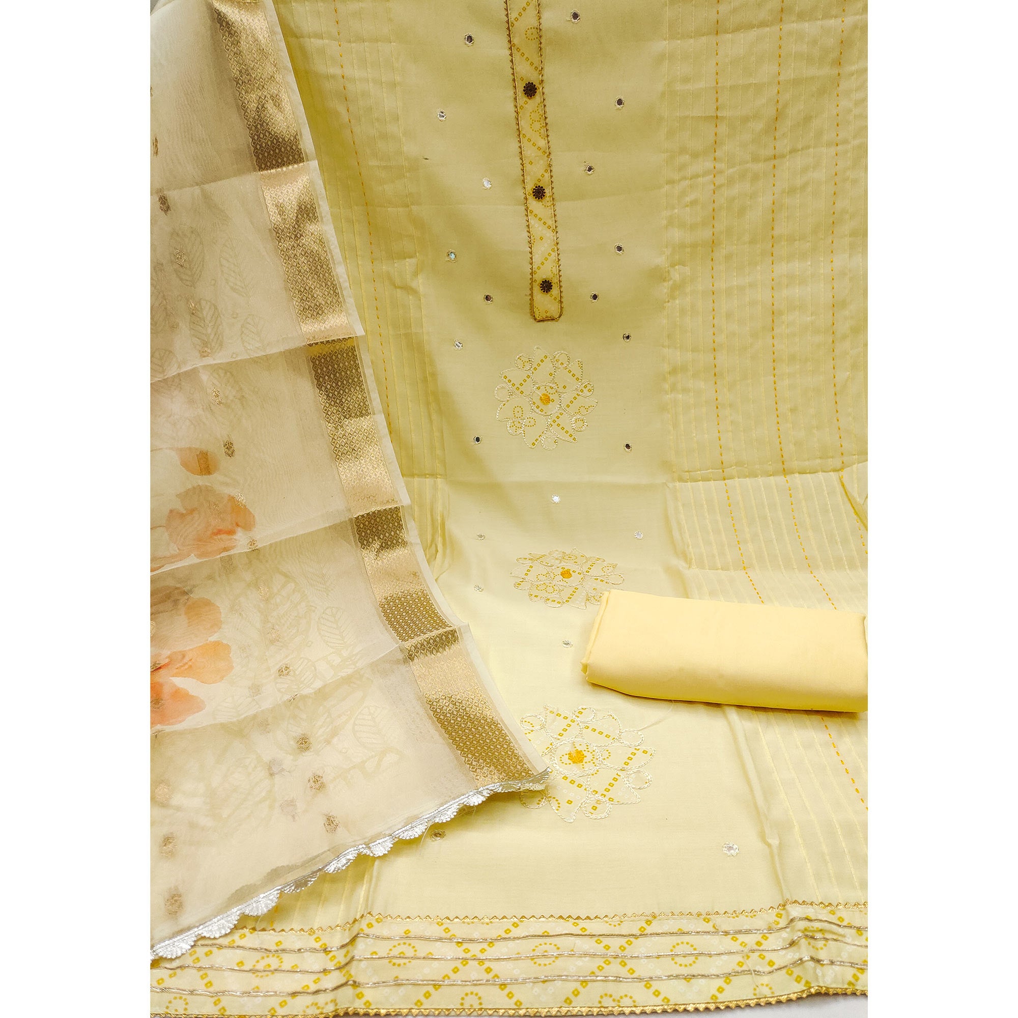 Yellow Cotton Silk Dress Material With Intricate Thread Embroidery With Handwork