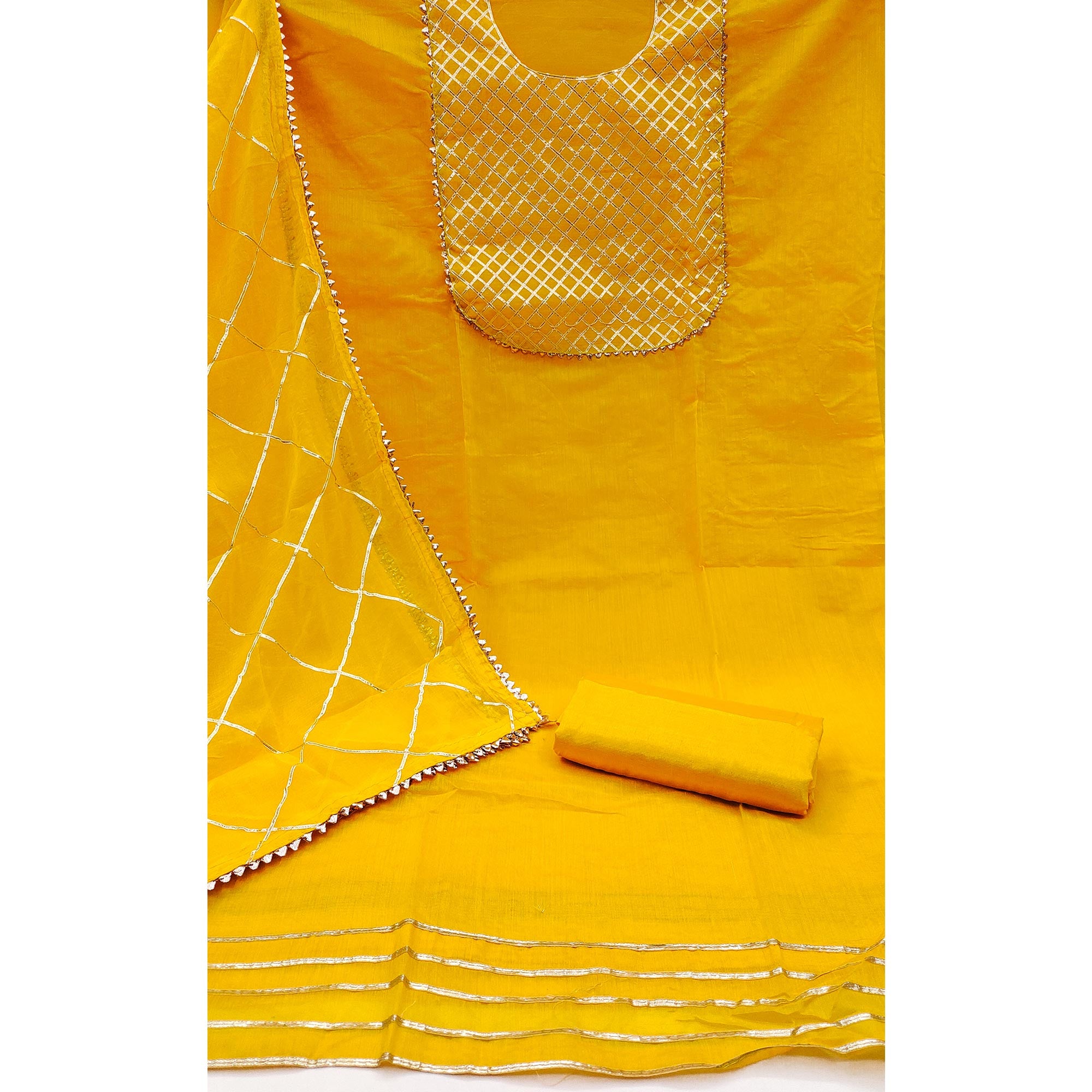 Yellow Dress Material in Modal Chanderi Silk With Traditional Gota Patti Embellishments