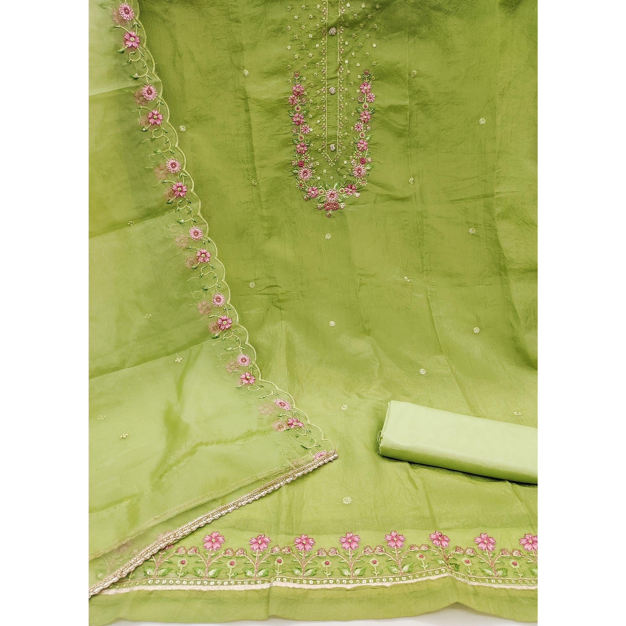 Green Dress Material In Viscose With Intricate Floral Sequins Embroidery & Handwork