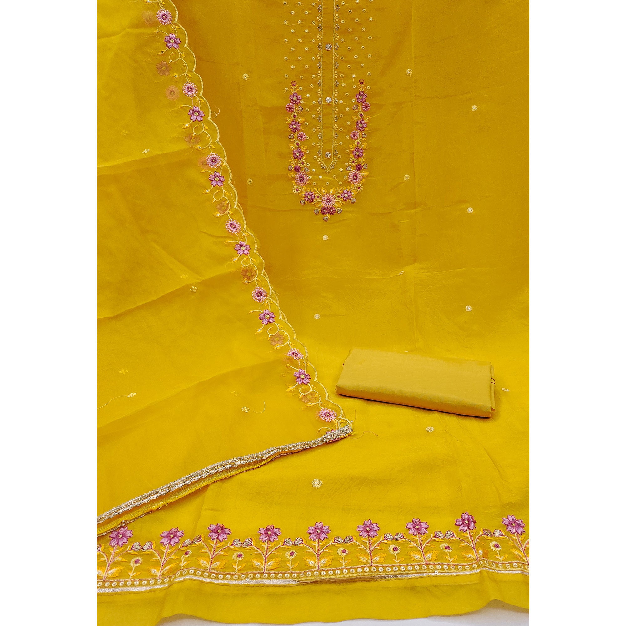 Yellow Dress Material In Viscose With Intricate Floral Sequins Embroidery & Handwork