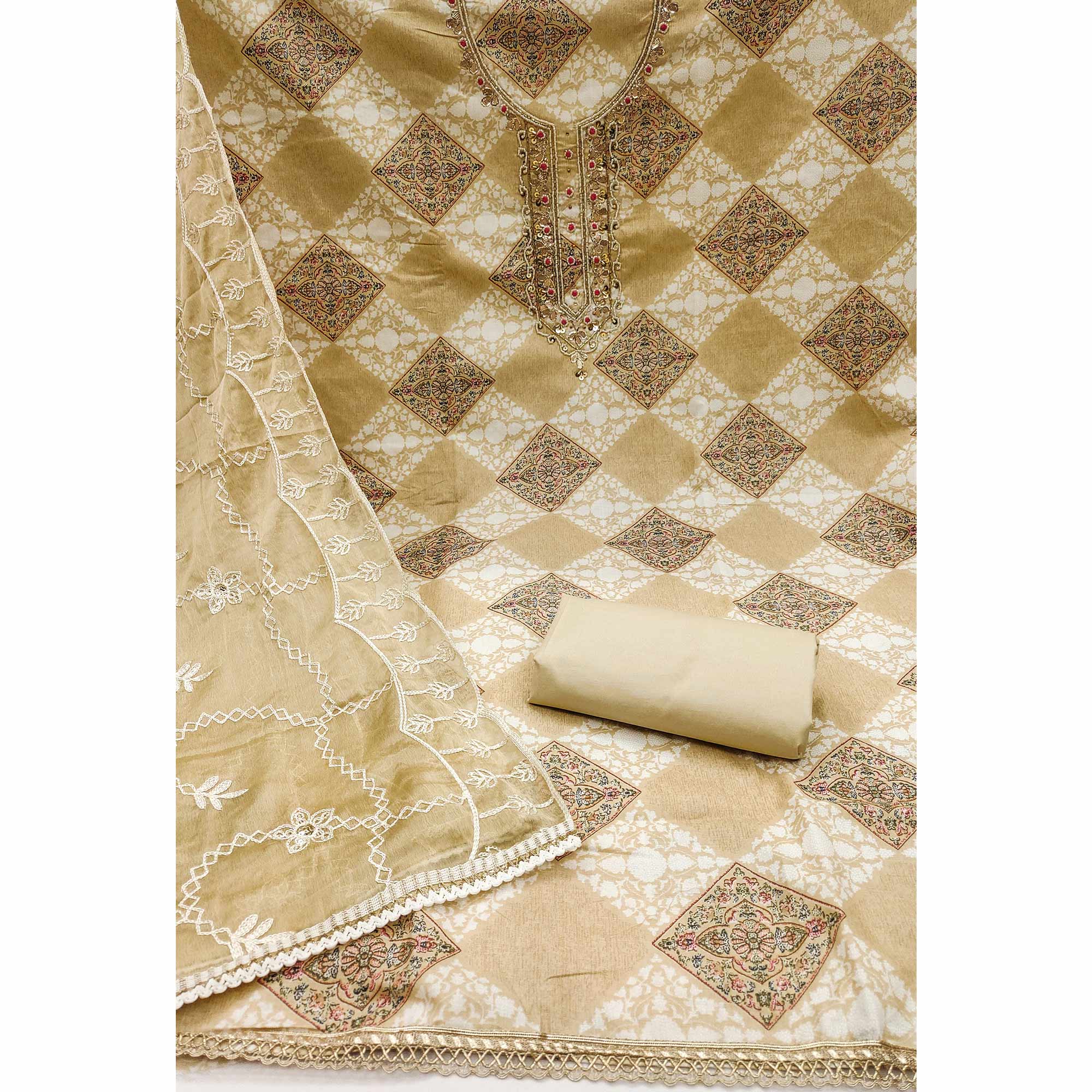 Beige Floral Printed Green Pure Cotton Dress Material With Moti & Gota Patti Handwork Embellishment