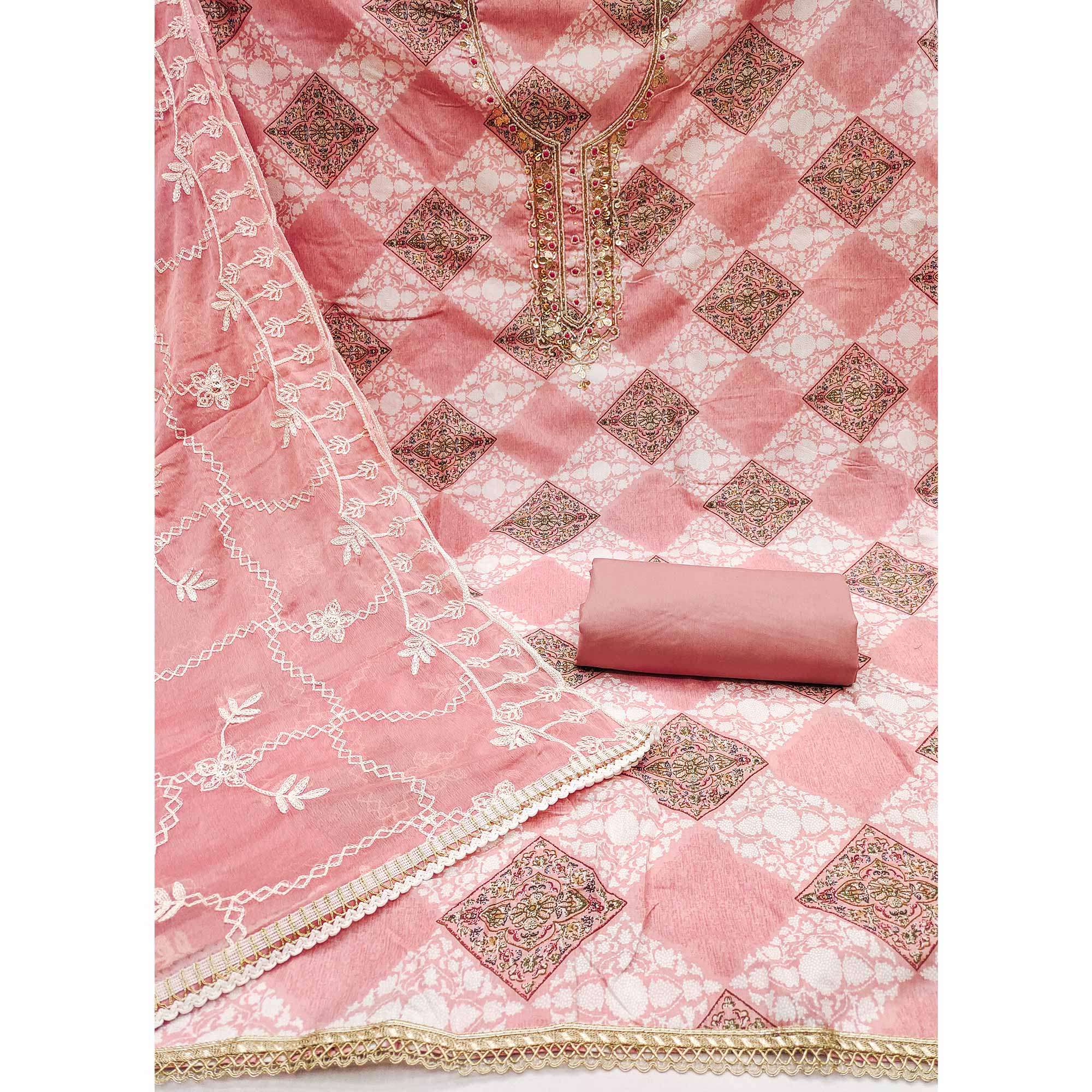 Peach Floral Printed Green Pure Cotton Dress Material With Moti & Gota Patti Handwork Embellishment