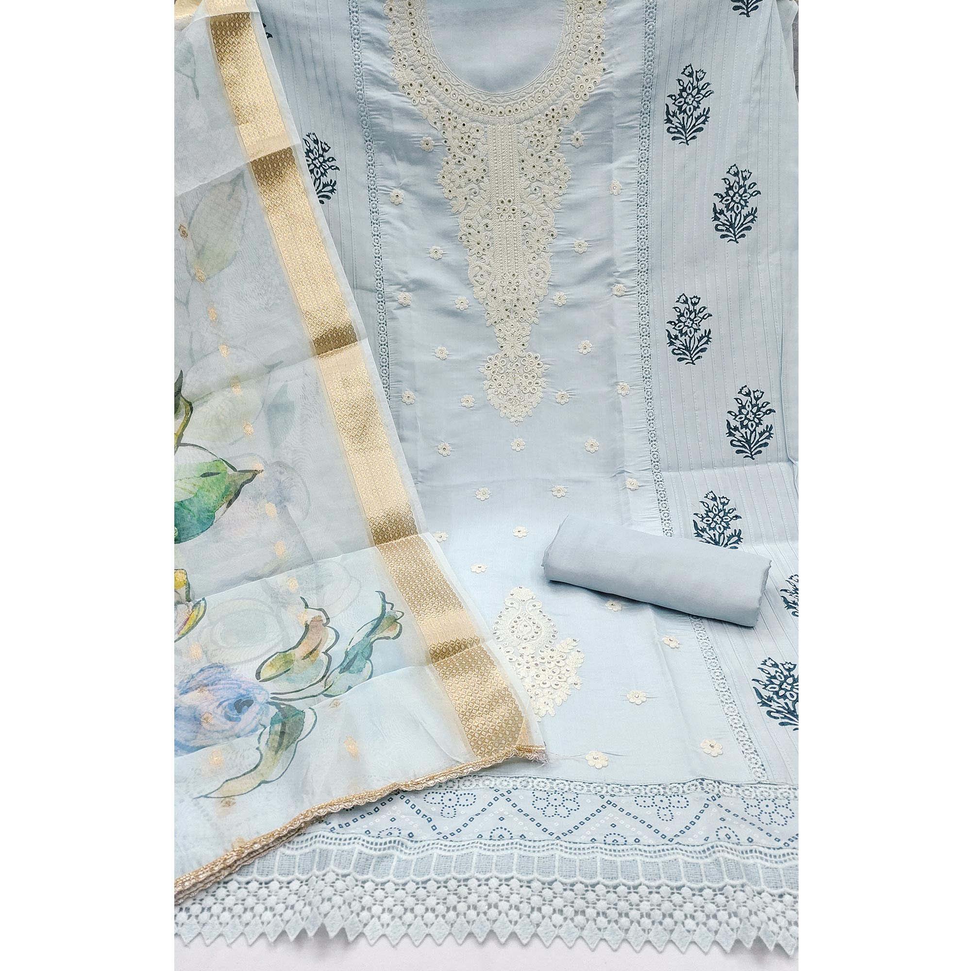 Light Bluish Grey Thread Embroidered Cotton Silk Dress Material With Floral Motifs & Stone Work