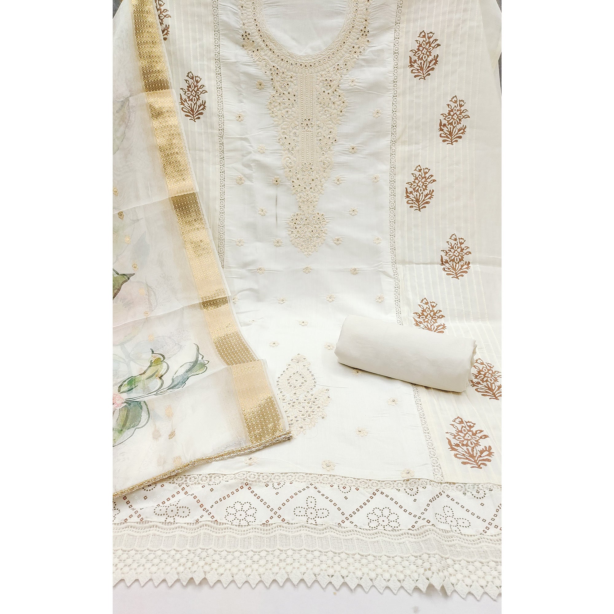 Offwhite Thread Embroidered Cotton Silk Dress Material With Floral Motifs & Stone Work