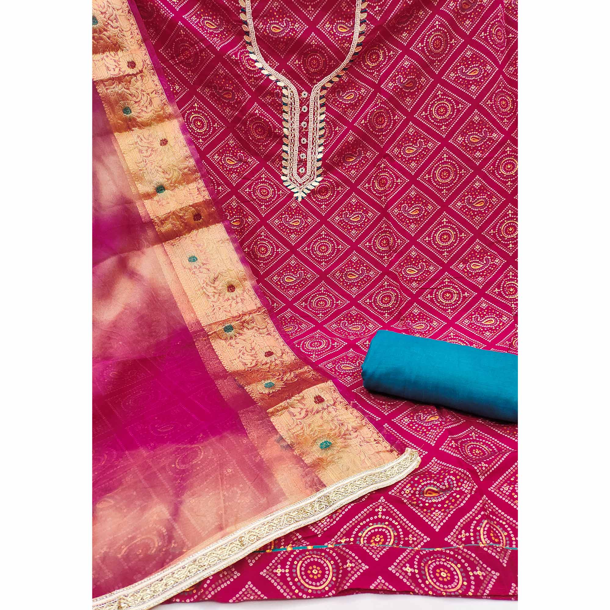 Pink Bandhani Printed Cambric Cotton Dress Material With Intricate Moti & Gota Patti Handwork