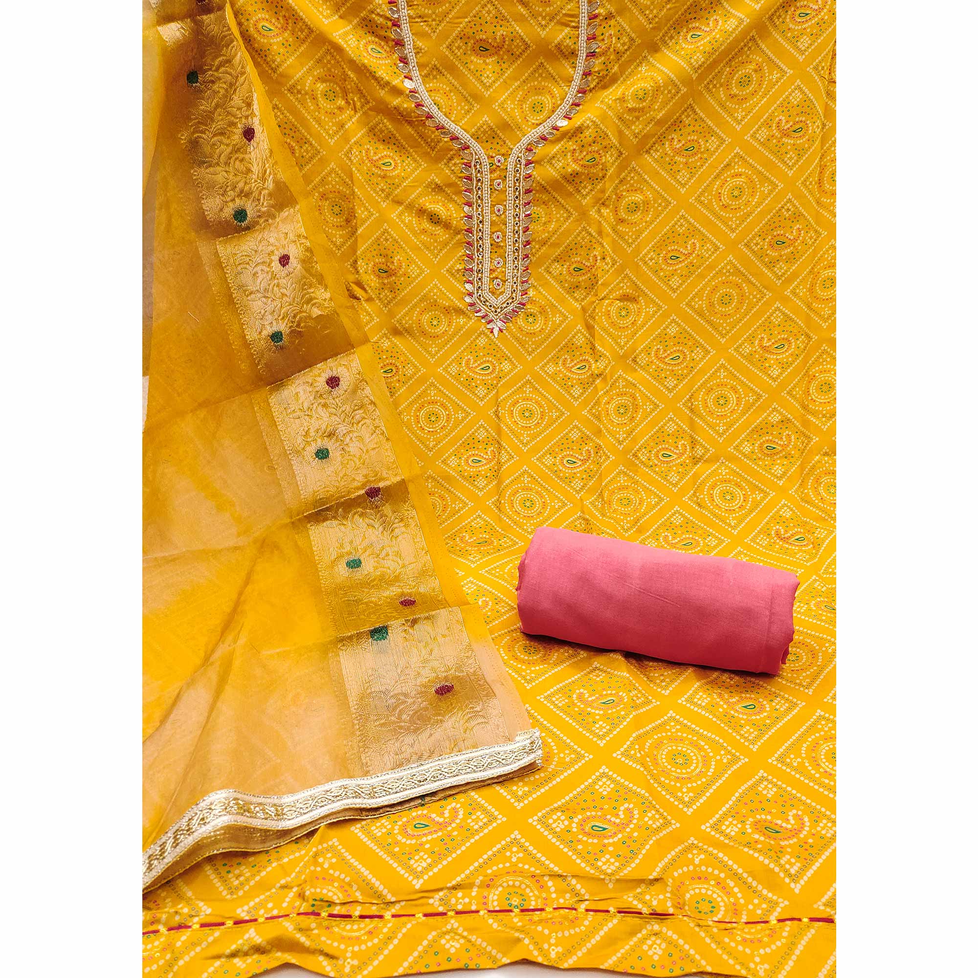 Yellow Bandhani Printed Cambric Cotton Dress Material With Intricate Moti & Gota Patti Handwork