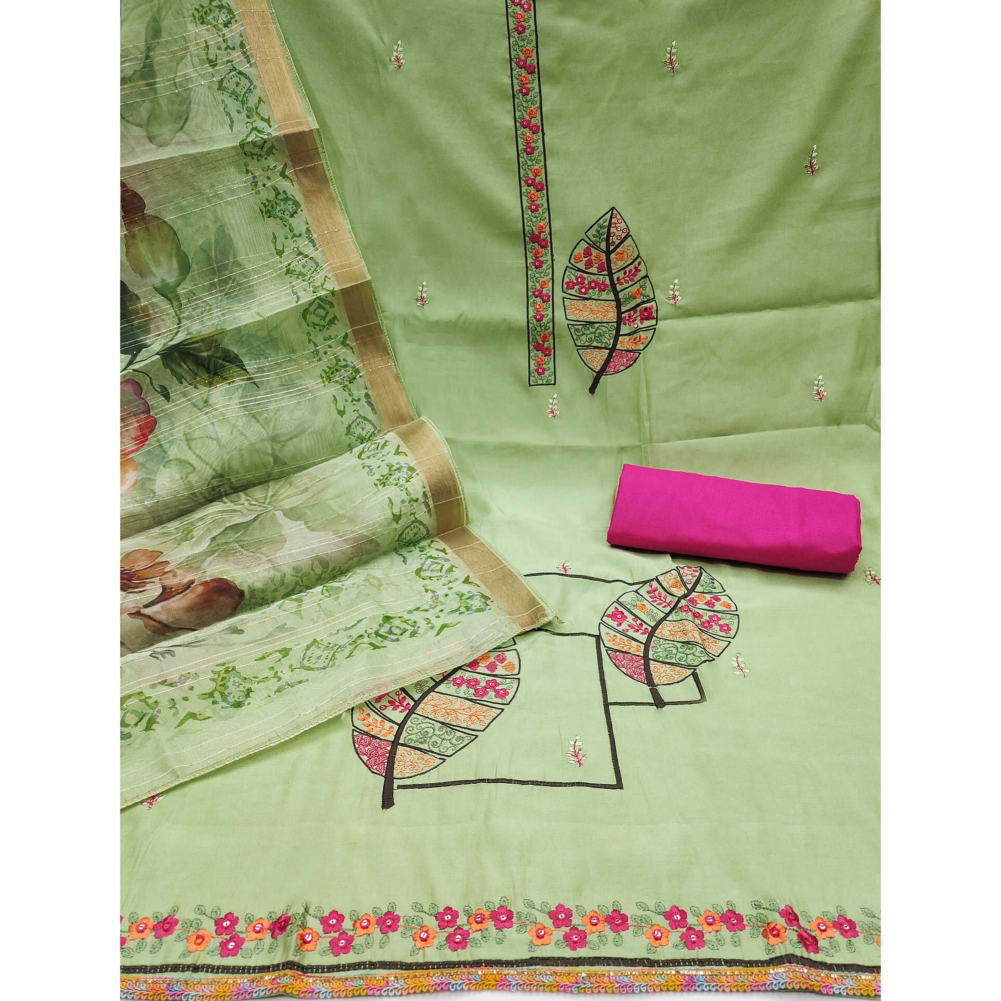 Green Delight Floral Sequins Embroidered Cotton Silk Dress Material