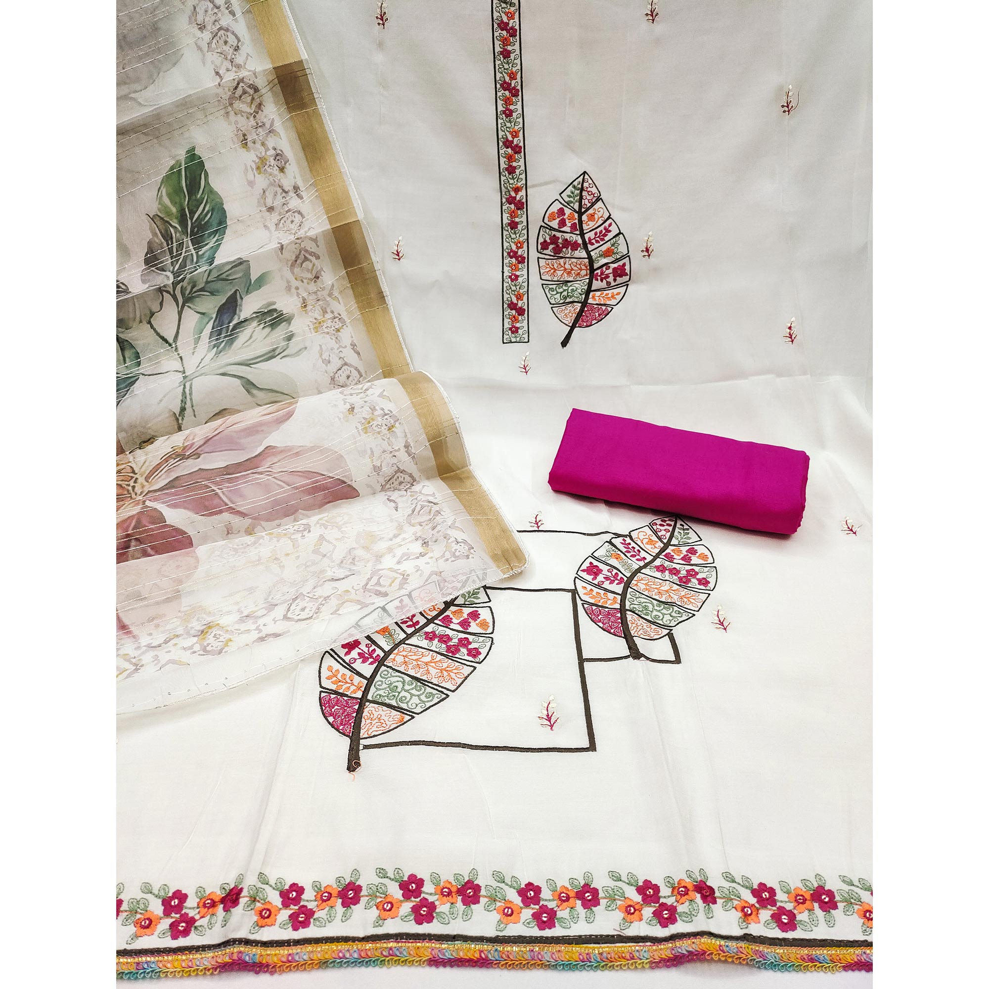 White Delight Floral Sequins Embroidered Cotton Silk Dress Material