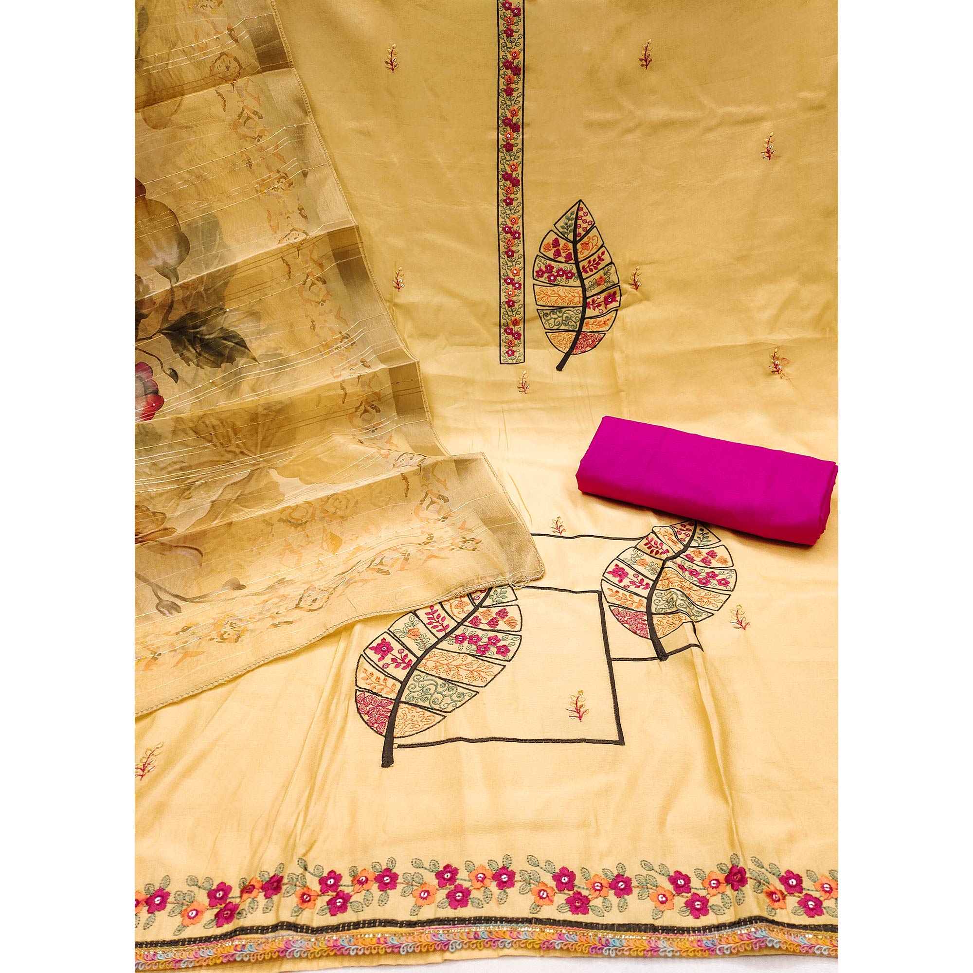 Yellow Delight Floral Sequins Embroidered Cotton Silk Dress Material