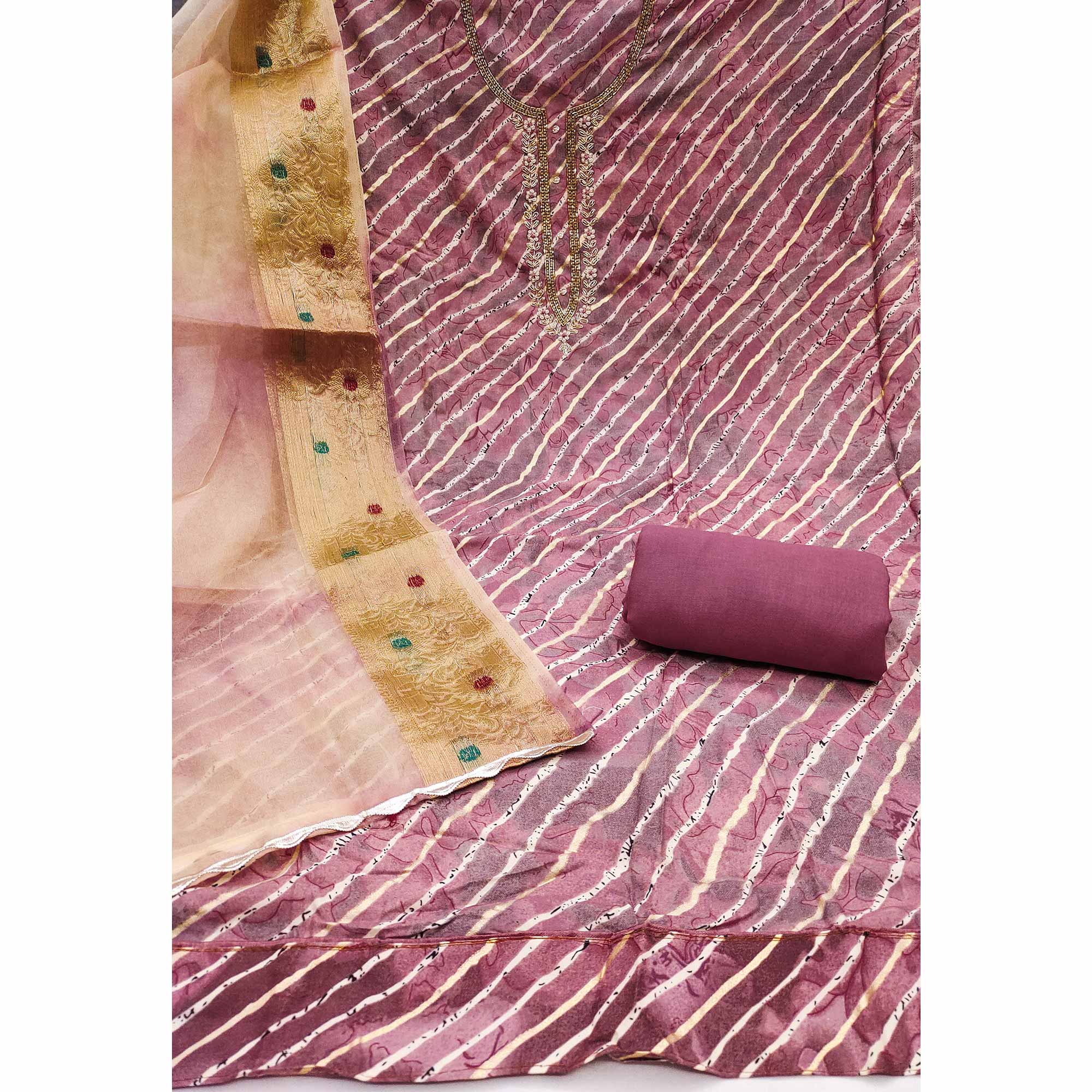 Mauve Printed With Intricate Moti Handwork Jam Cotton Dress Material