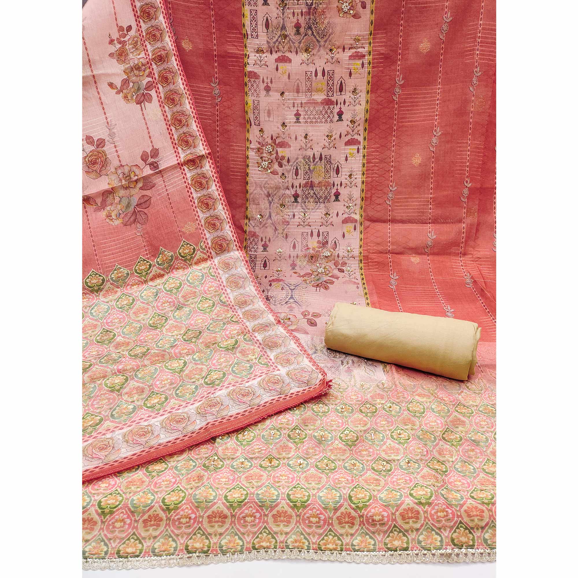Peach Digital Printed Viscose Cotton Dress Material With Intricate Moti & Sequins Handwork