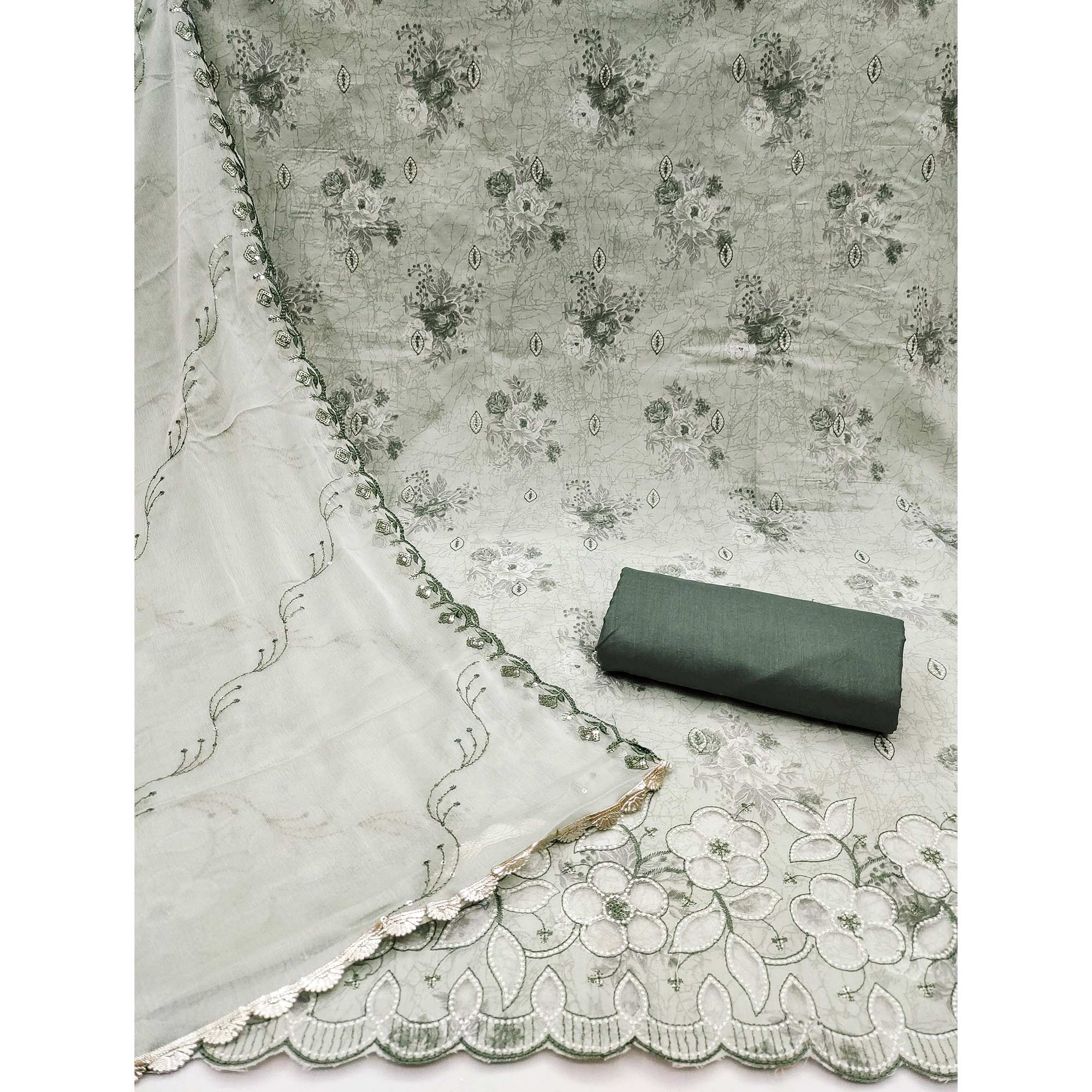 Green Floral Cambric Cotton Dress Material With Elegant Embroidery Work