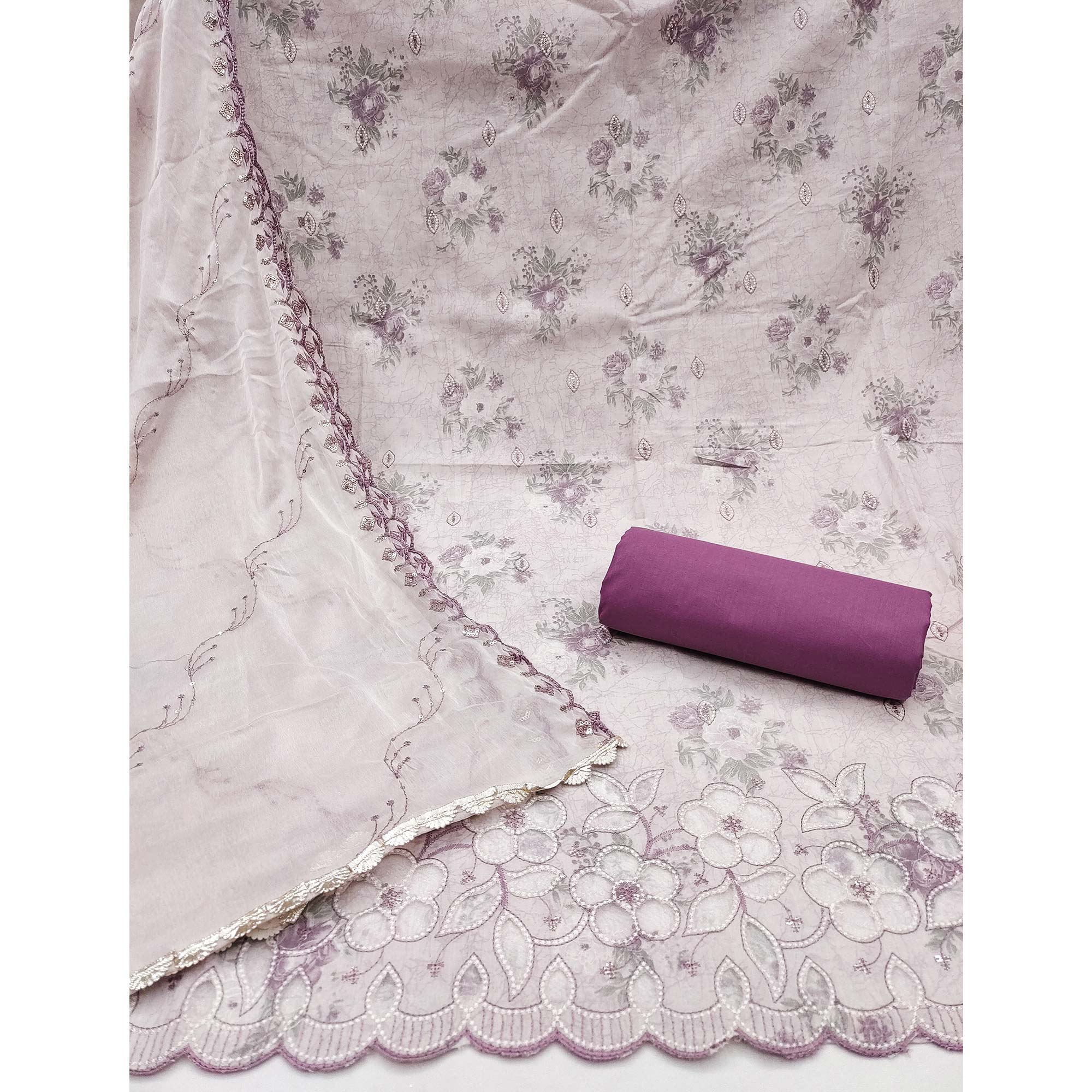 Purple Floral Cambric Cotton Dress Material With Elegant Embroidery Work