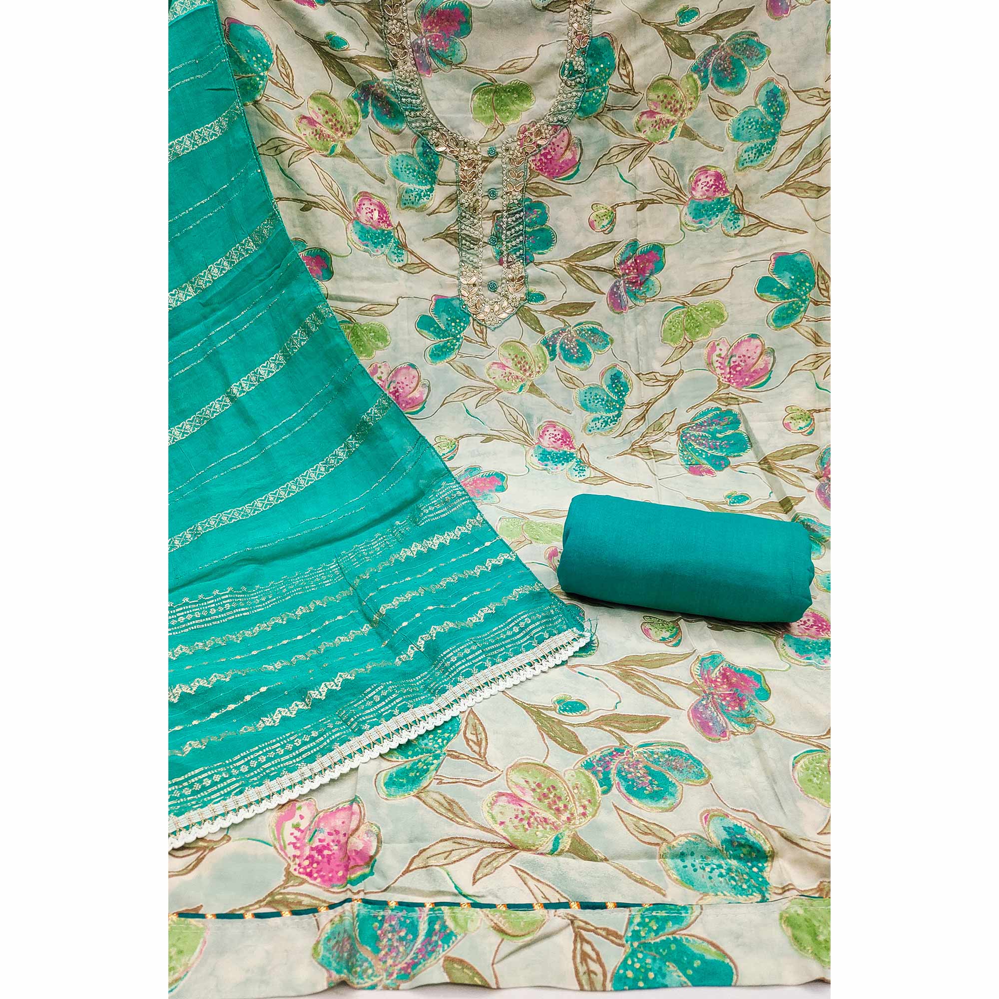 Rama Green In Jam Cotton with Floral Print & Intricate Moti Handwork Dress Material