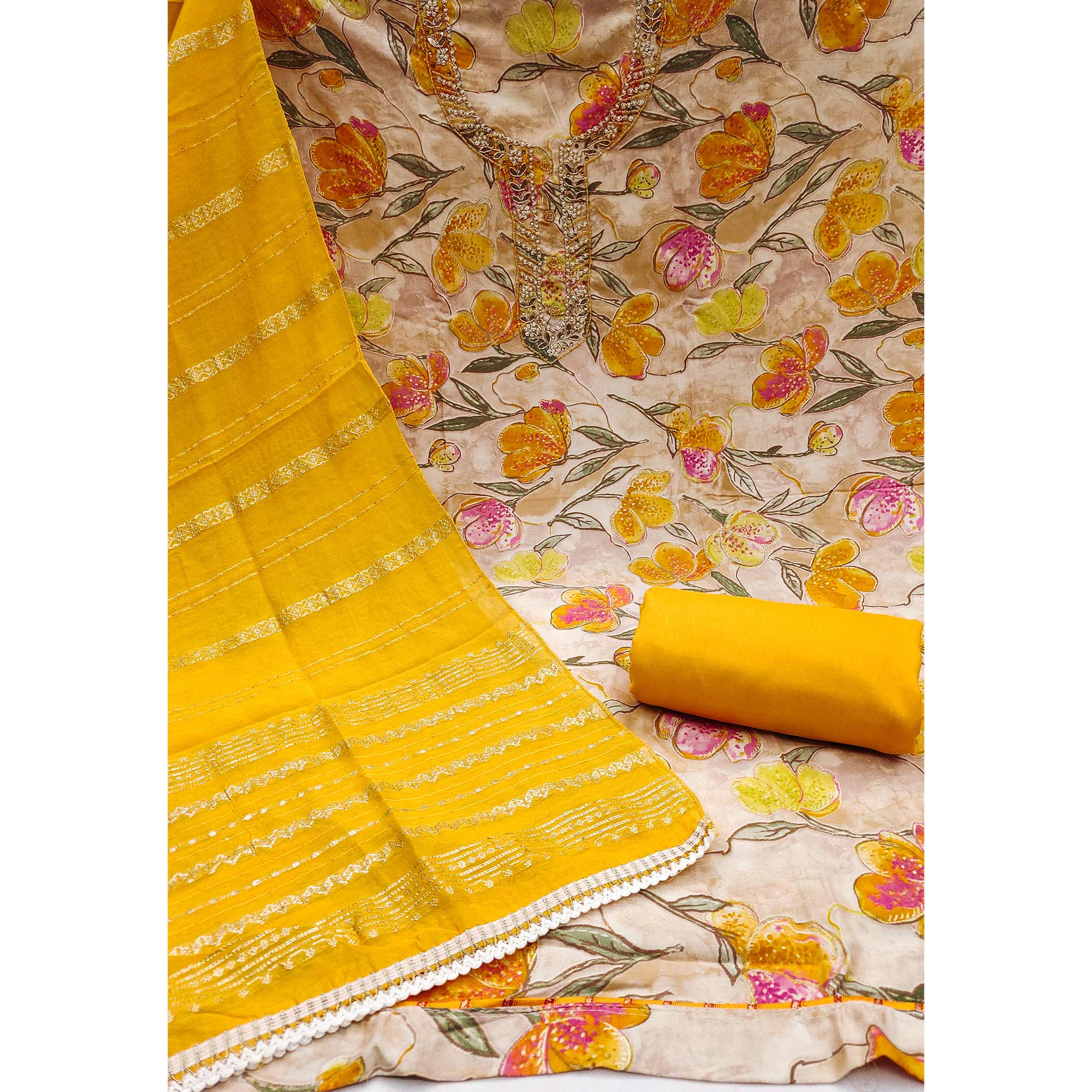 Yellow In Jam Cotton with Floral Print & Intricate Moti Handwork Dress Material