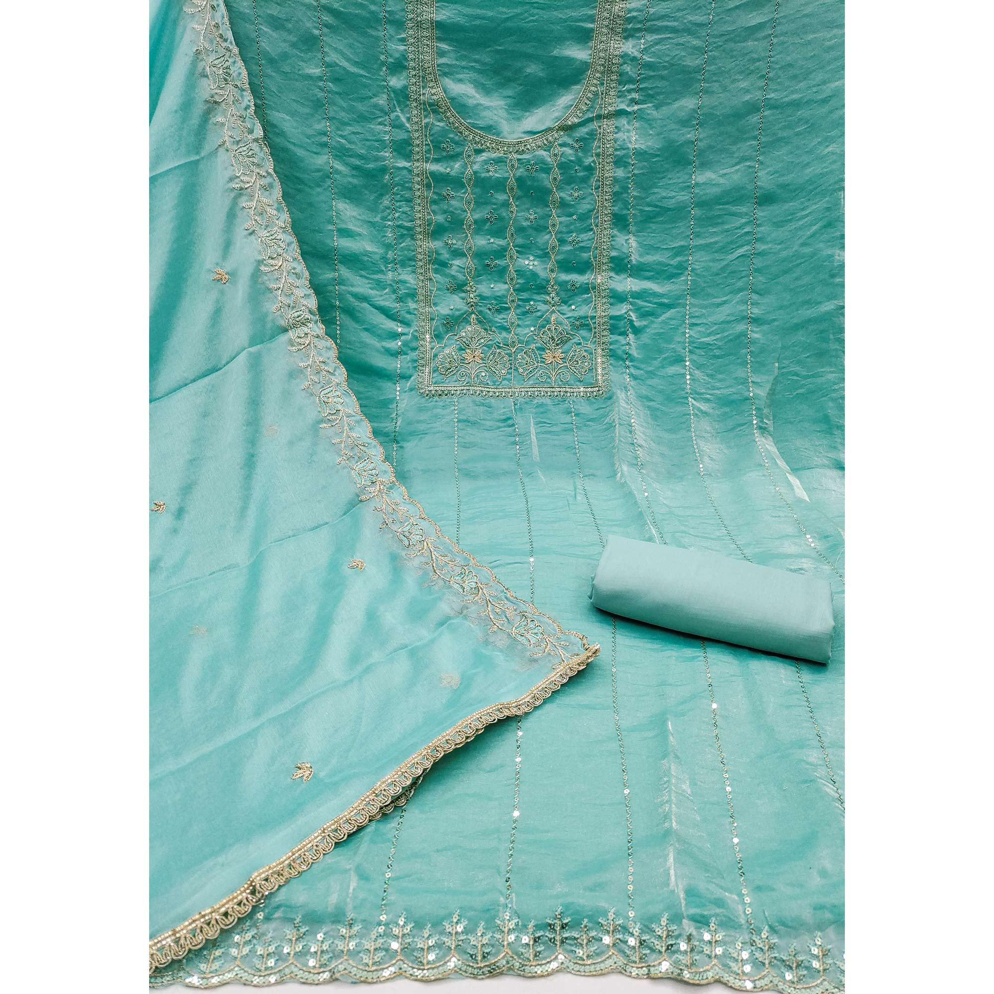 Turquoise Floral Elegance With Sequins Embroidery On Viscose Satin Dress Material