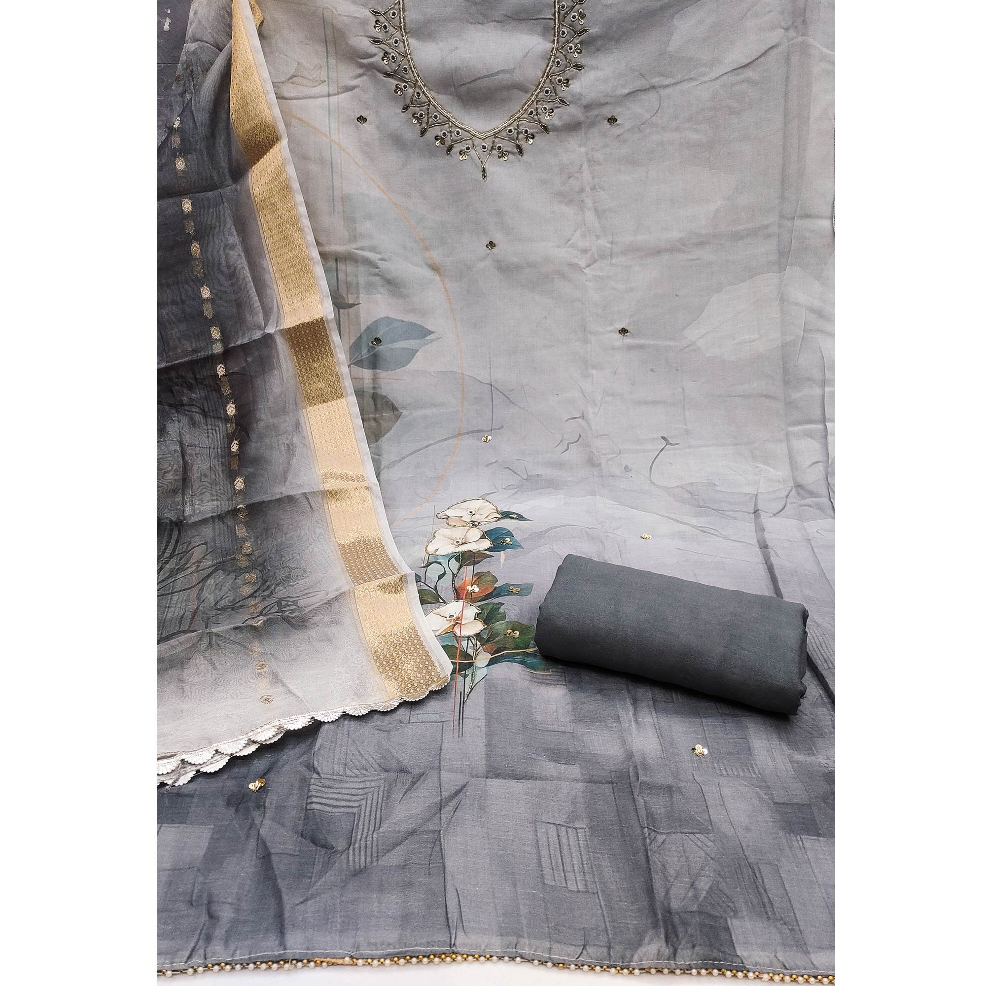 Grey Cambric Cotton Dress Material Adorned With Floral Prints & Hand Moti Embellishment