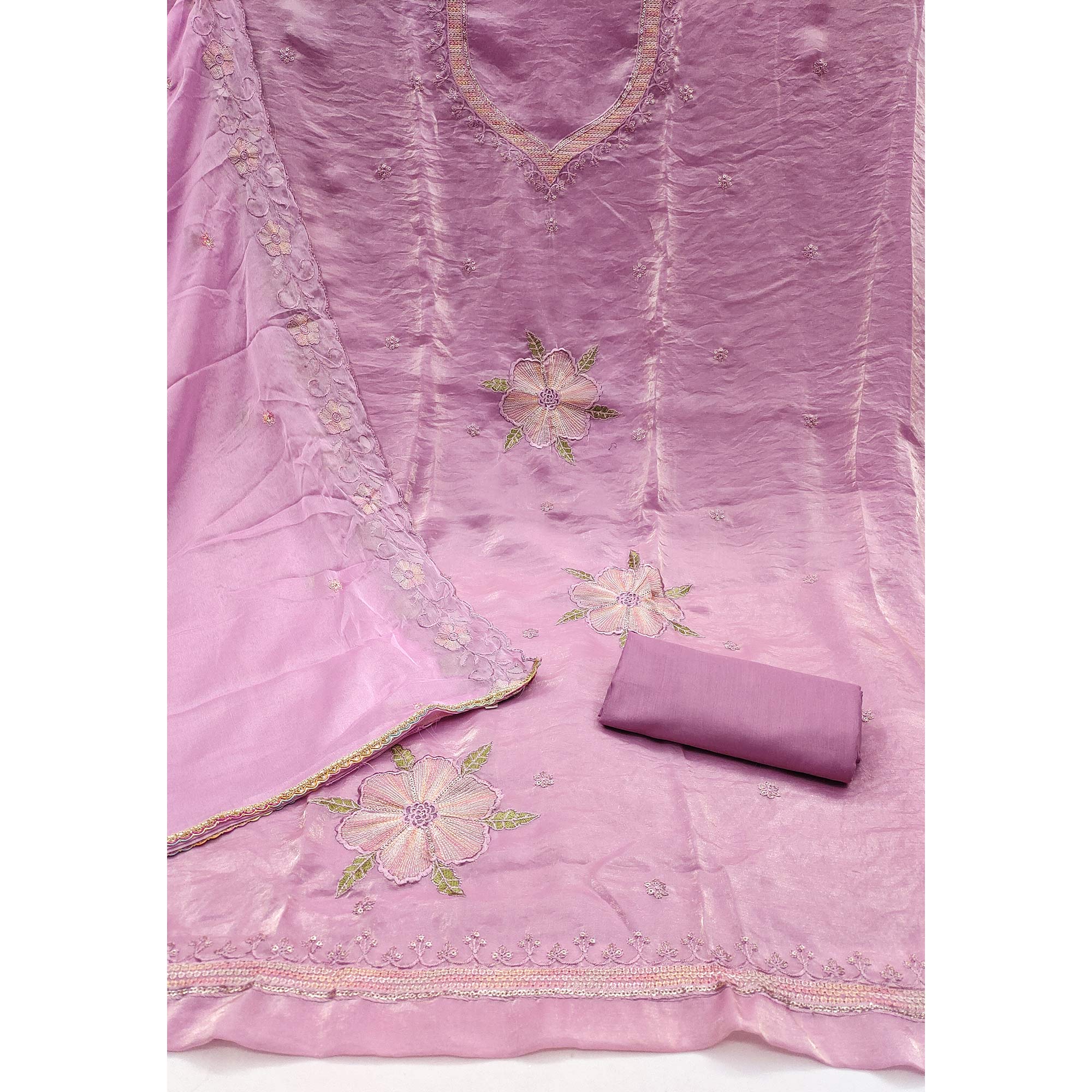 Light Purple Ensemble With Floral Sequins Embroidery Detailing On Satin Viscose Dress Material