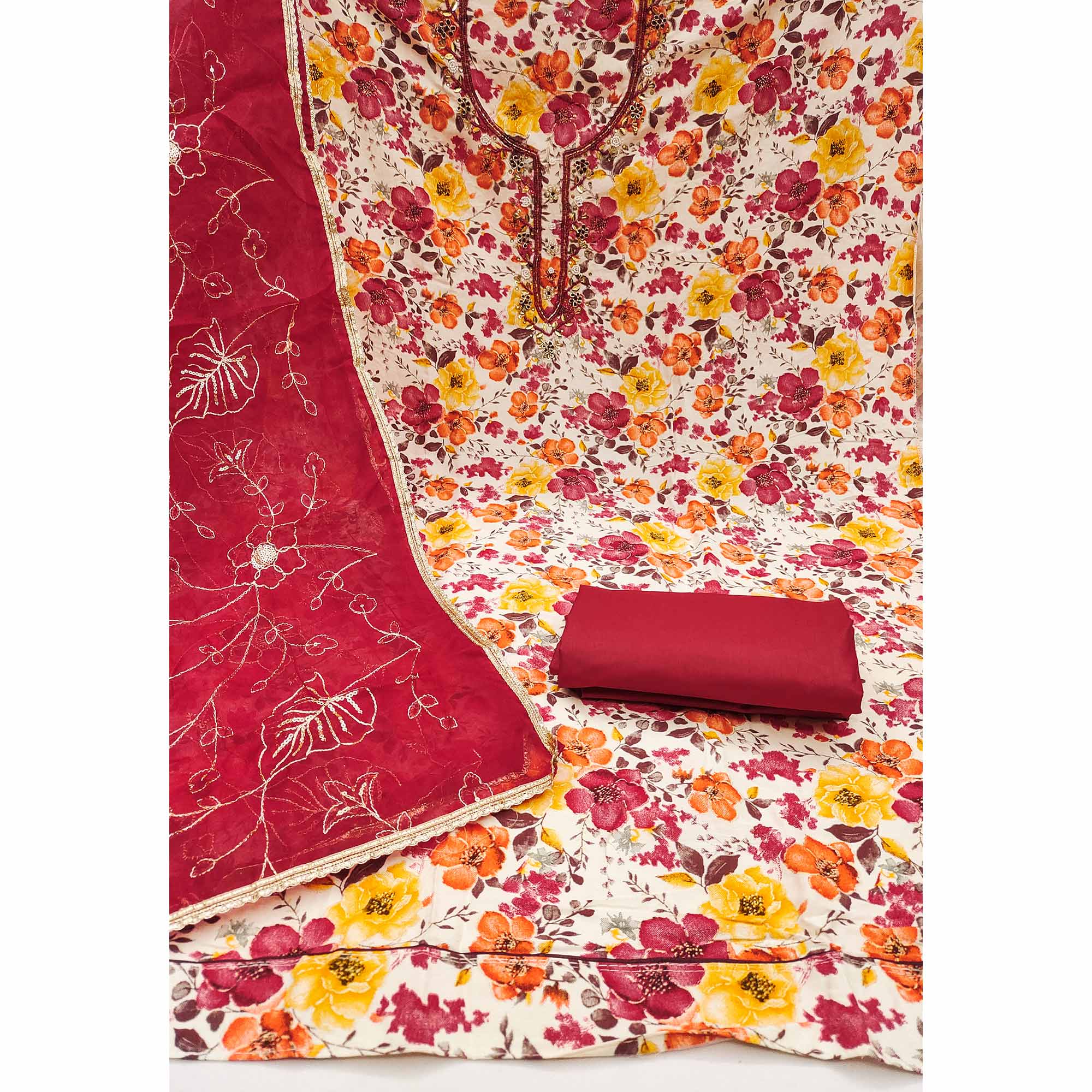Red Bloom Charm With Floral Print & Delicate Sequins & Moti Handwork Dress Material
