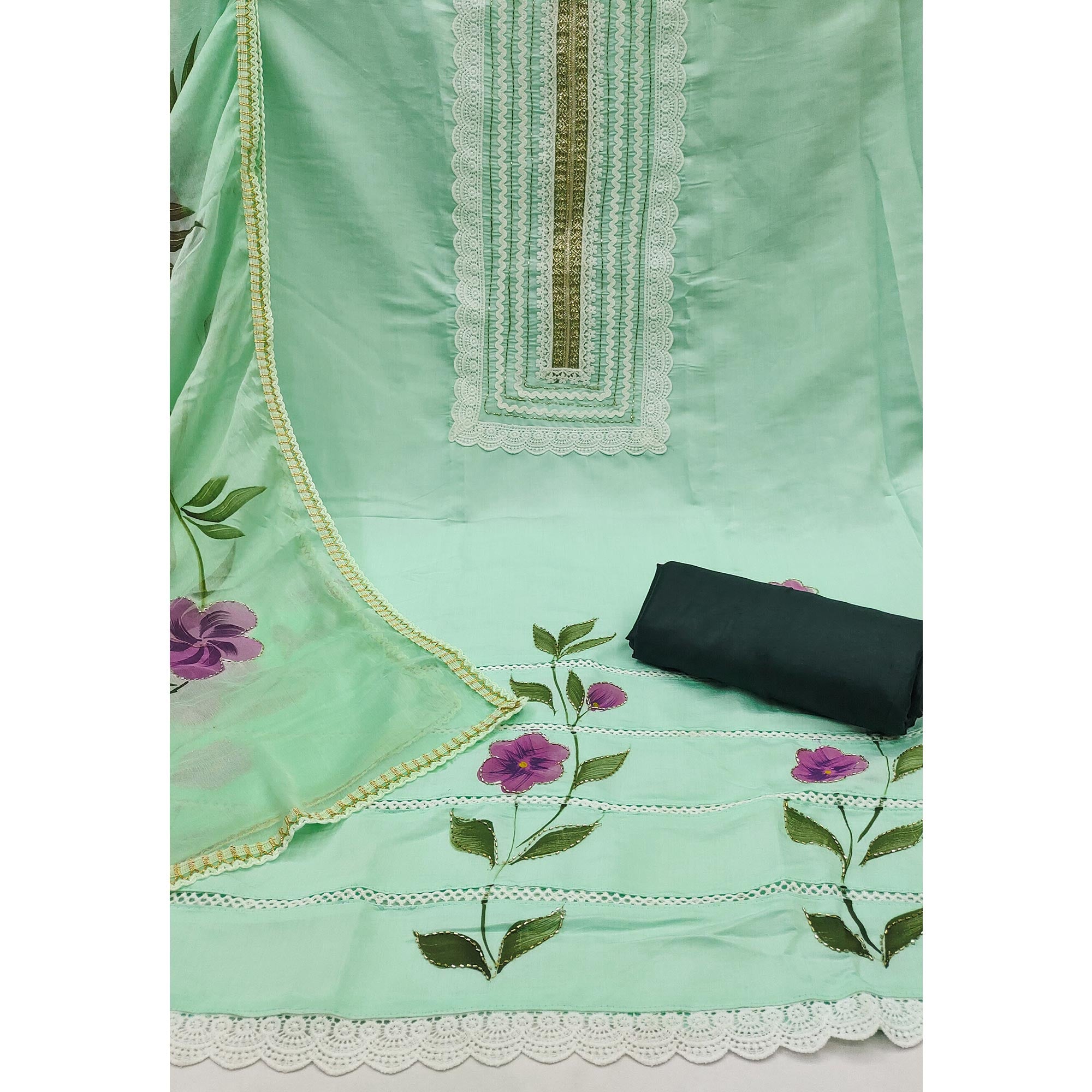 Sea Green Floral Printed With Intricate Handwork Embroidered Cotton Silk Dress Material
