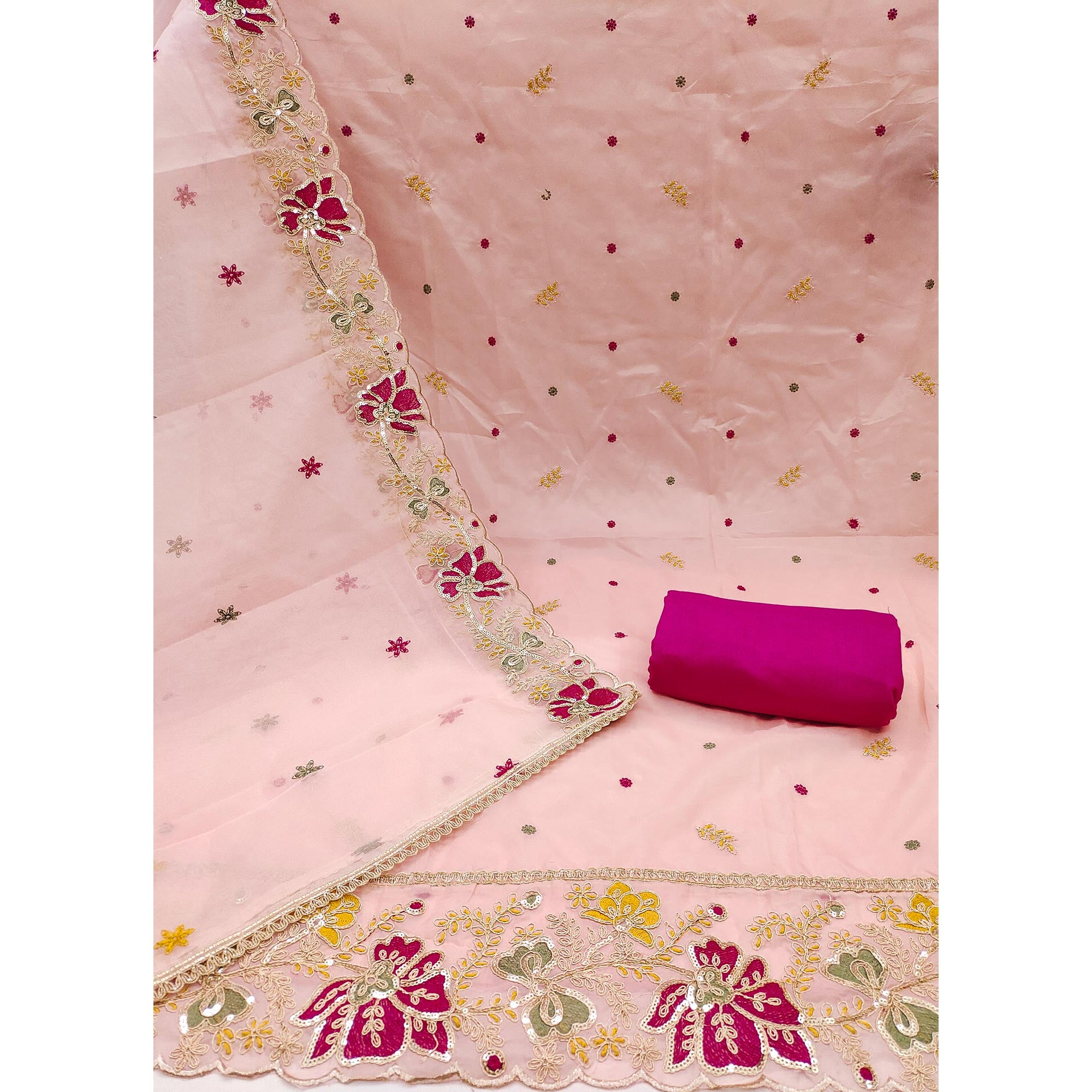 Peach Viscose Organza Dress Material Adorned with Cording & Sequin Embroidery Work