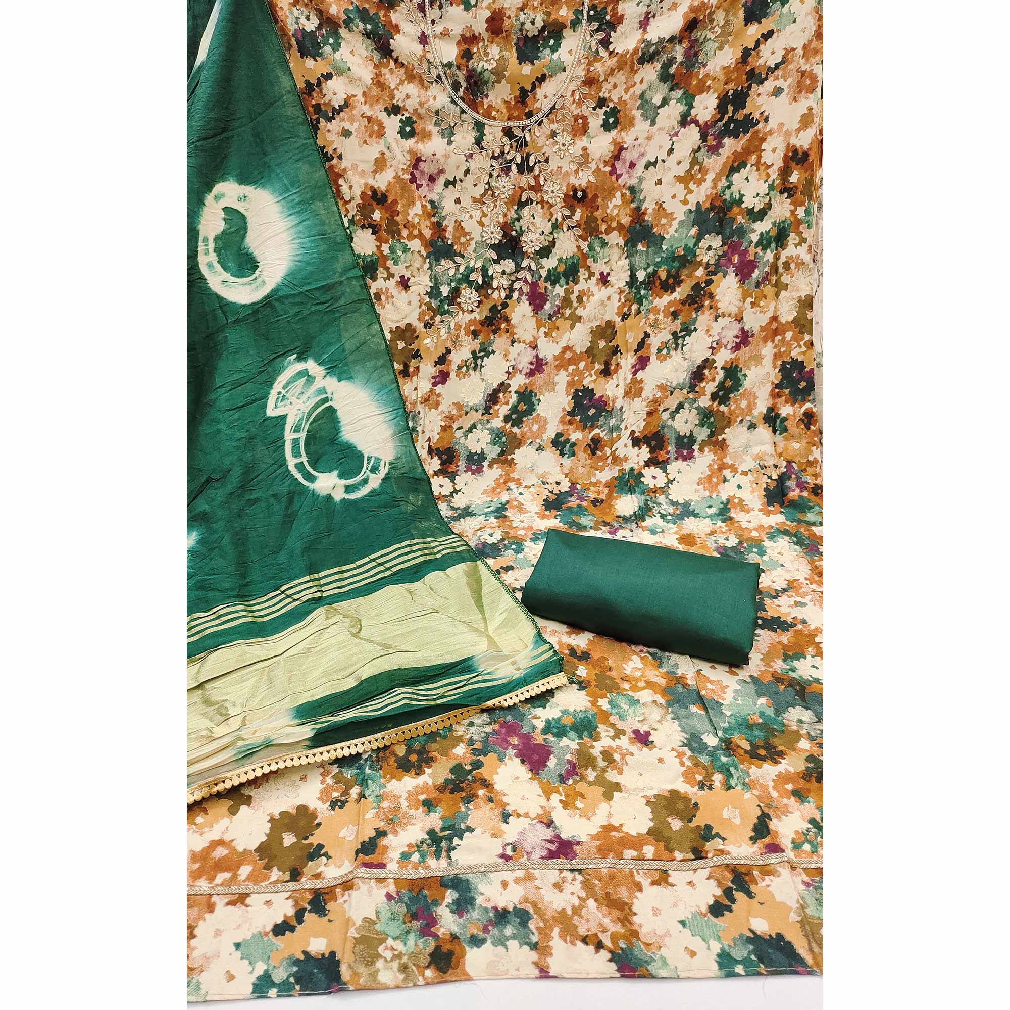 Green Pure Cotton Printed Dress Material Beautified With Moti & Sequins Hand Embellishment
