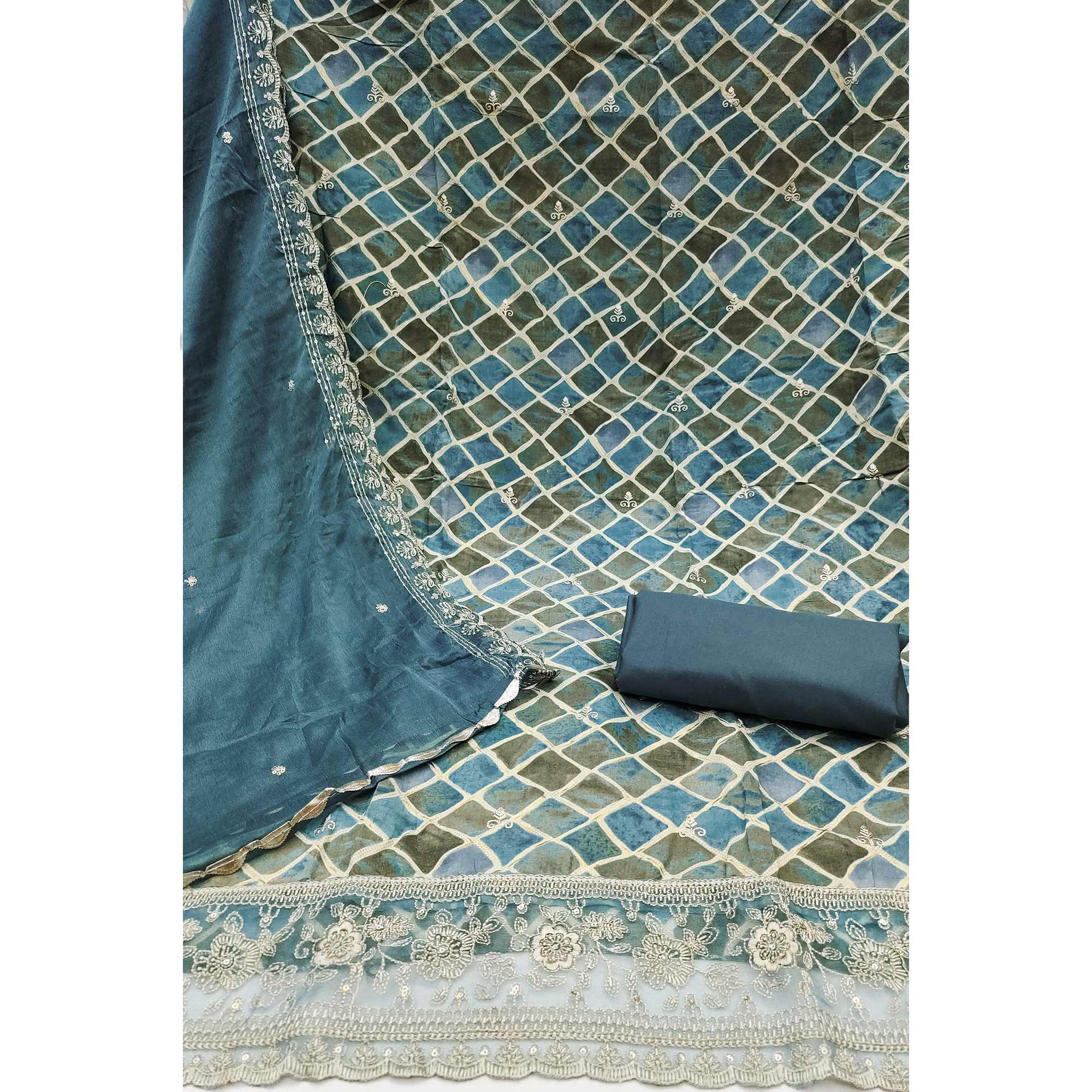 Blue Printed Dress Material In Pure Cotton With Intricate Sequins Embroidery Work