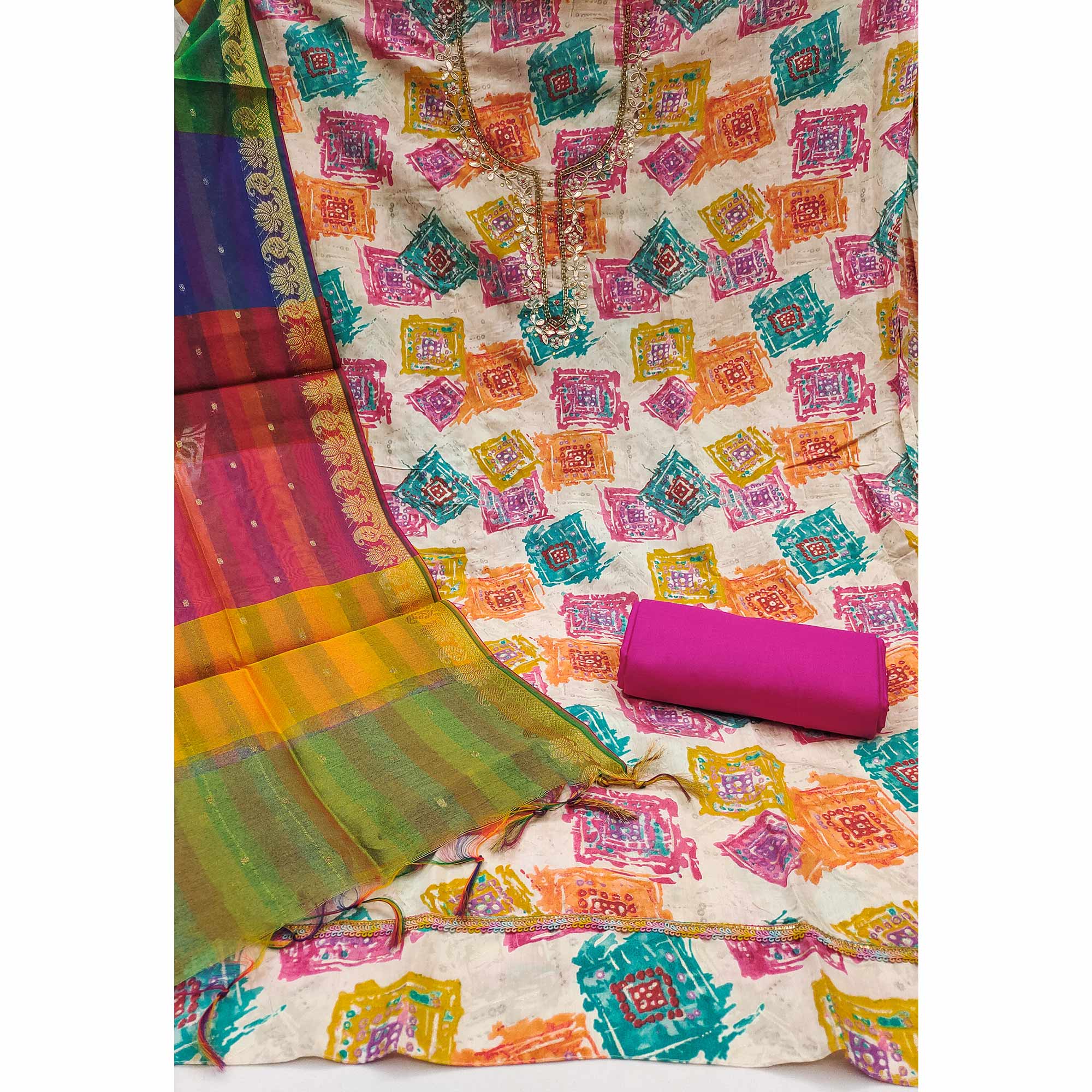 Pink Print & Delicate Moti With Gota Patti Work Cotton Silk Dress Material