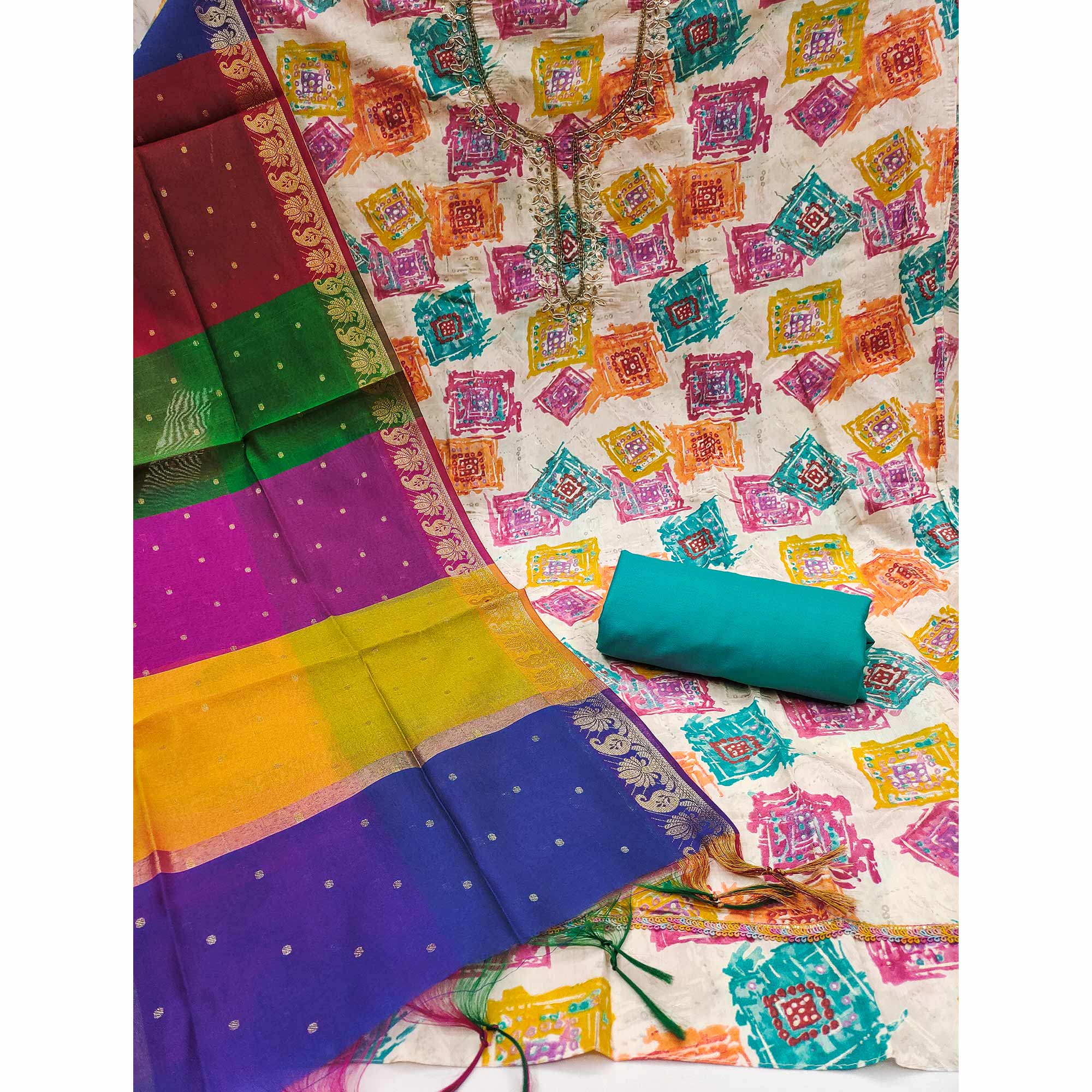 Turquoise Print & Delicate Moti With Gota Patti Work Cotton Silk Dress Material